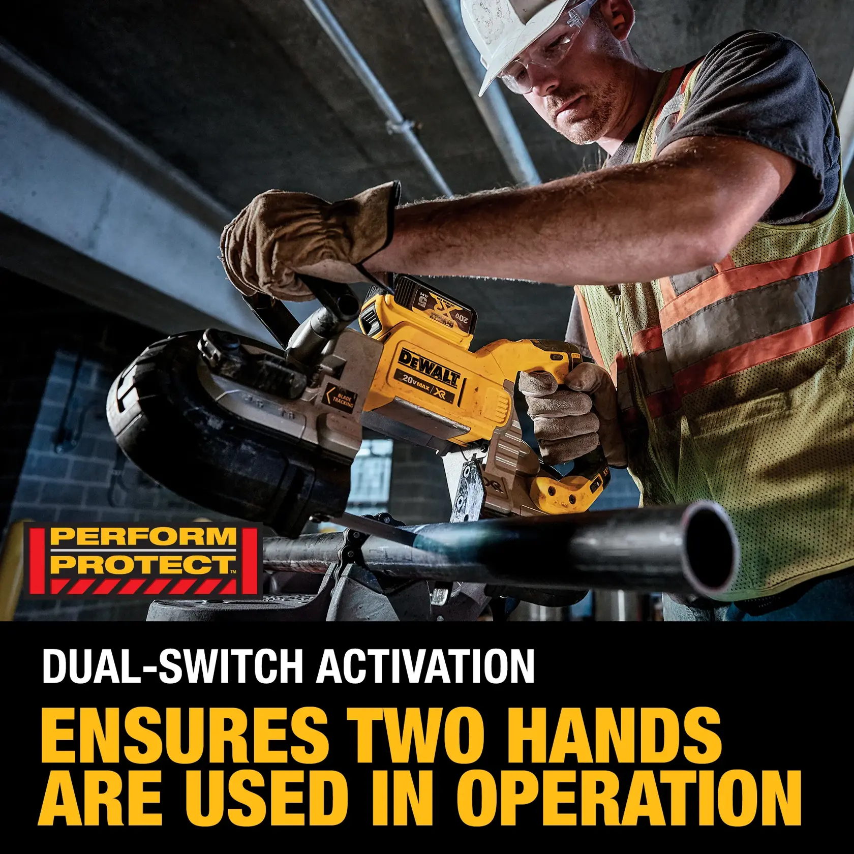 A person wearing safety gear and gloves uses a DEWALT cordless band saw to cut a metal pipe. Text on the image highlights dual-switch activation, ensuring two hands are used during operation for safety, and includes the Perform Protect logo.