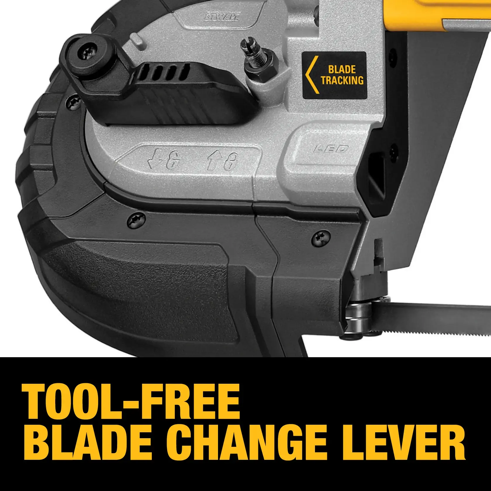 Close-up of a DEWALT power tool featuring a tool-free blade change lever with highlighted 'Blade Tracking' label, and text at the bottom reading 'TOOL-FREE BLADE CHANGE LEVER' in bold yellow letters.
