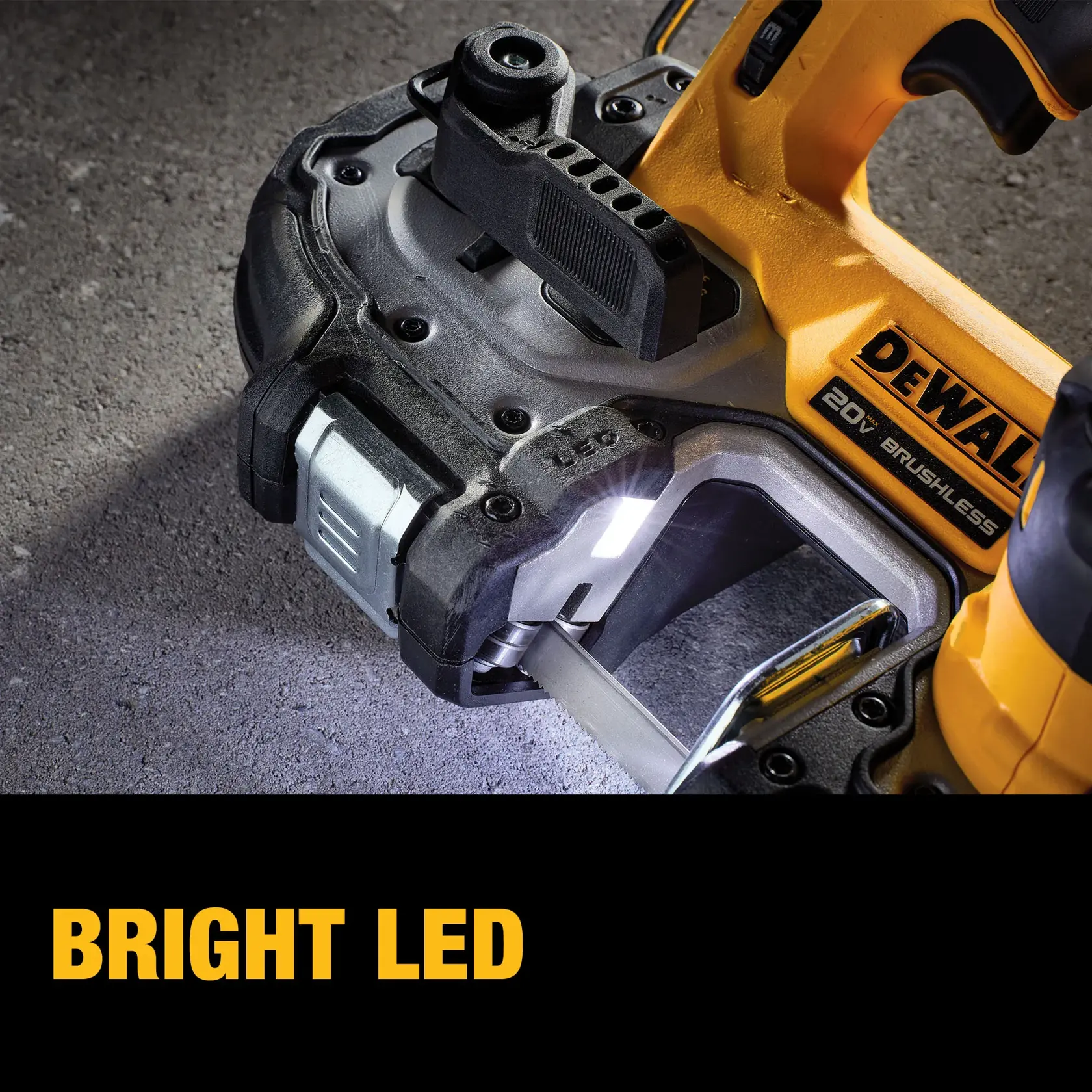 Close-up of a DEWALT 20V brushless power tool with a bright LED light illuminating the work area, shown on a textured surface. The image also includes the words 'BRIGHT LED' in bold yellow text.
