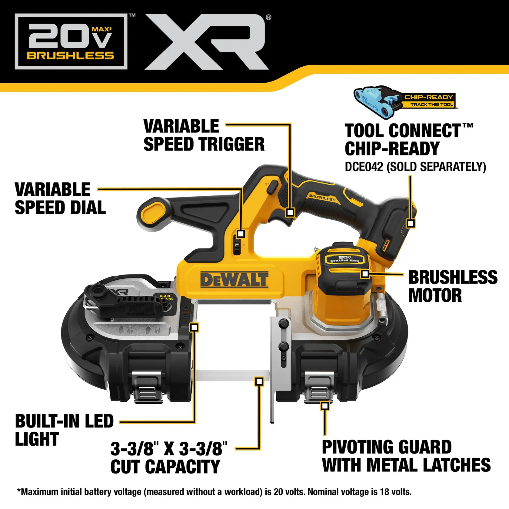 Product image of the DEWALT DCS378B XR 20V brushless band saw. Features highlighted include variable speed trigger, variable speed dial, brushless motor, Tool Connect chip-ready capability, built-in LED light, 3-3/8 x 3-3/8 inch cut capacity, and pivoting guard with metal latches. The tool is yellow and black with 'DEWALT' branding.