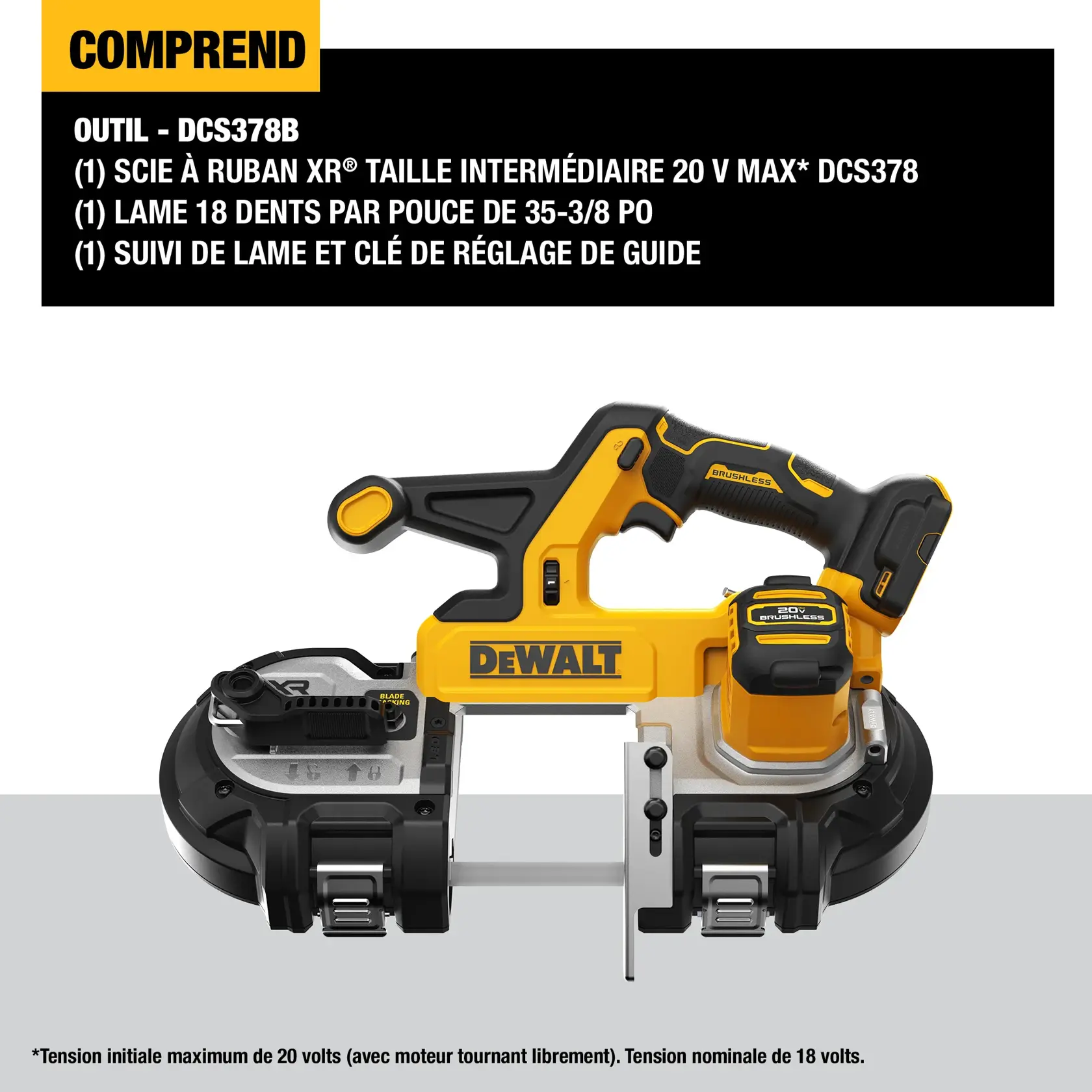 Image showing the DEWALT DCS378B cordless 20V MAX XR mid-size bandsaw. The picture highlights the tool's yellow and black design, includes a list of package contents: DCS378 bandsaw, 18 TPI 35-3/8 inch bandsaw blade, and a blade tracking and fence adjusting wrench. Text at the bottom notes battery voltage specifications.