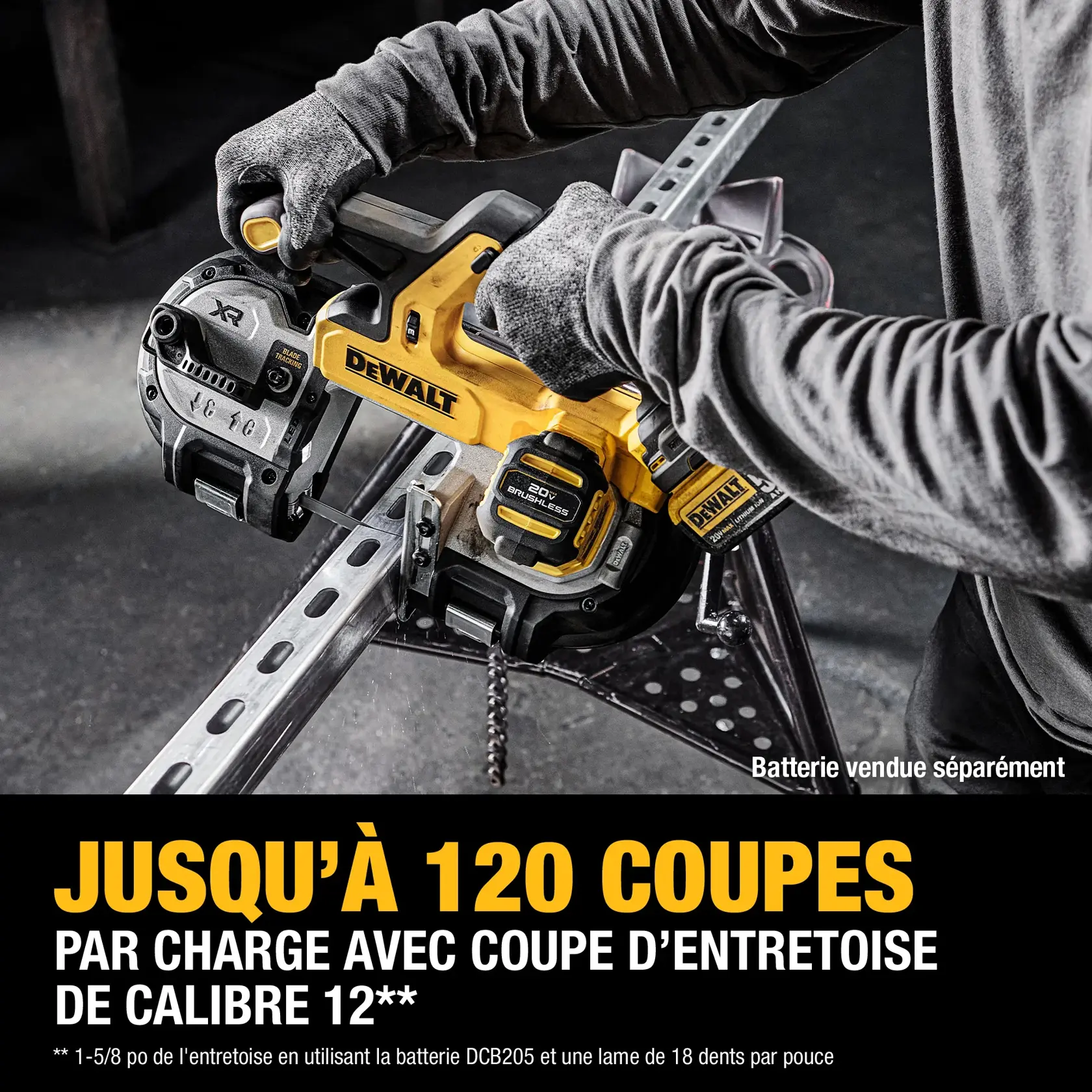 A person wearing gloves uses a DEWALT cordless band saw to cut a metal strut, with text indicating the saw can make up to 120 cuts per charge in 12 gauge strut. The battery is sold separately.