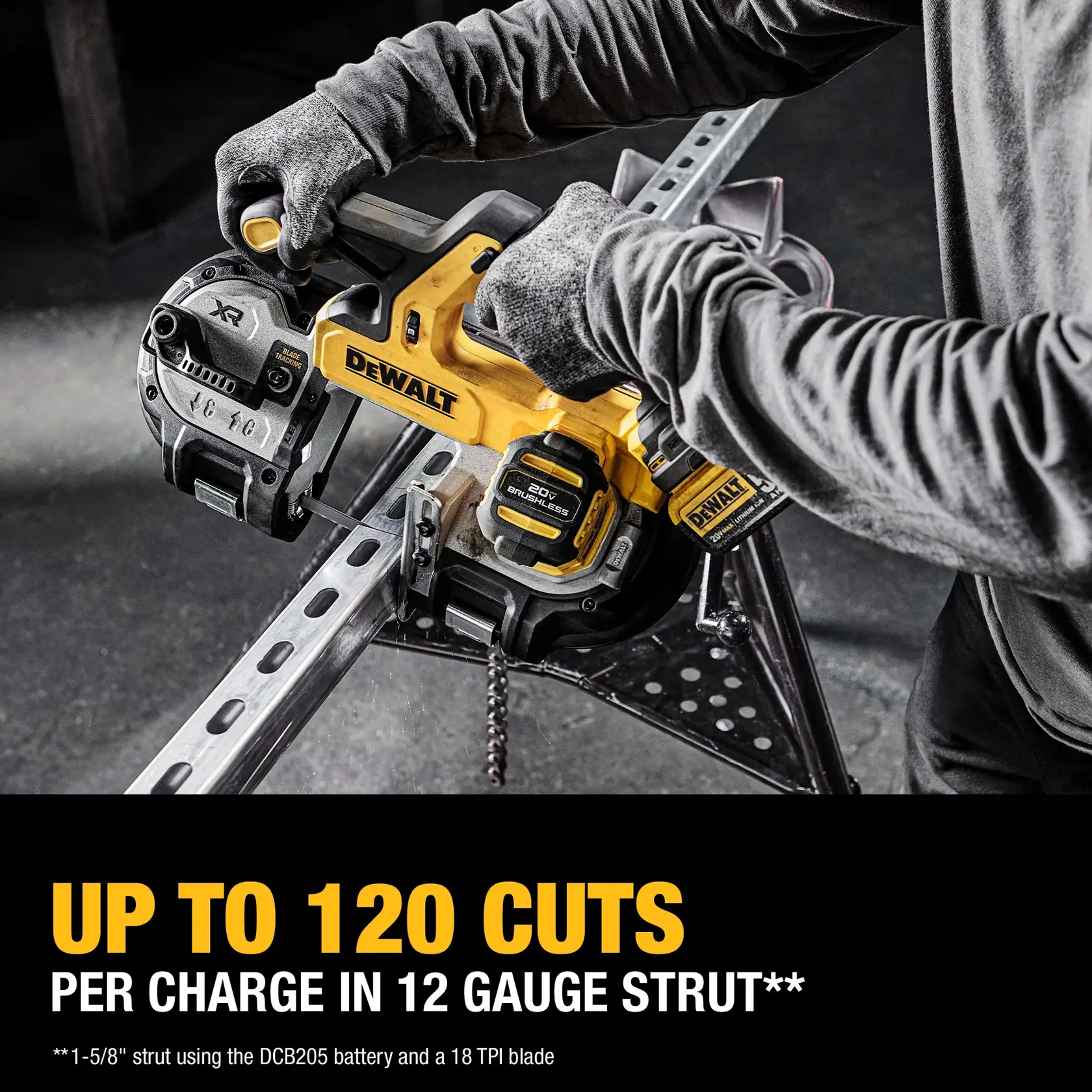 A person using a DEWALT cordless band saw to cut through a metal strut, with bold text below stating 'Up to 120 cuts per charge in 12 gauge strut.' The band saw is yellow with black accents and features the DEWALT logo.