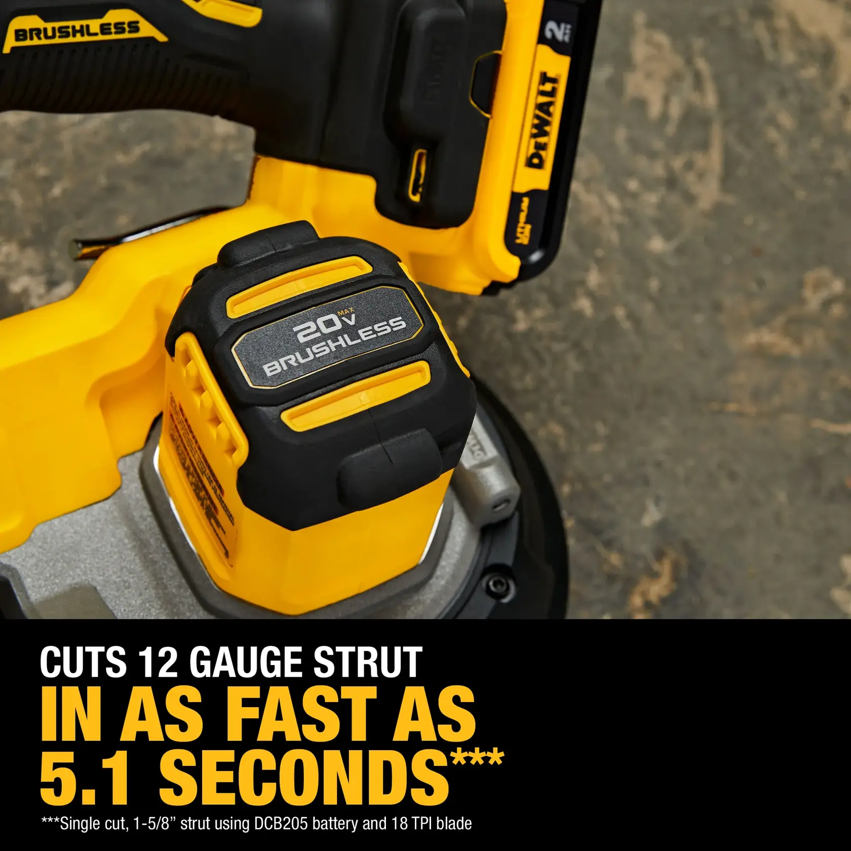 Close-up of a DEWALT 20V brushless power tool, showing the battery and part of the tool. The text highlights its capability to cut 12 gauge strut in as fast as 5.1 seconds, with specifications for battery and blade usage below.