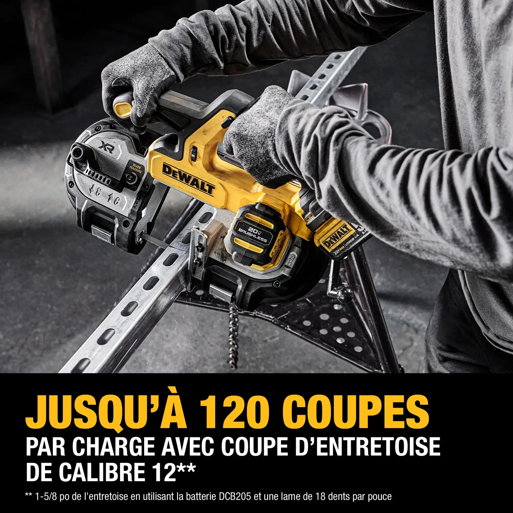 A person using a DEWALT cordless band saw to cut through a metal strut, with bold text below stating 'Up to 120 cuts per charge in 12 gauge strut.' The band saw is yellow with black accents and features the DEWALT logo.