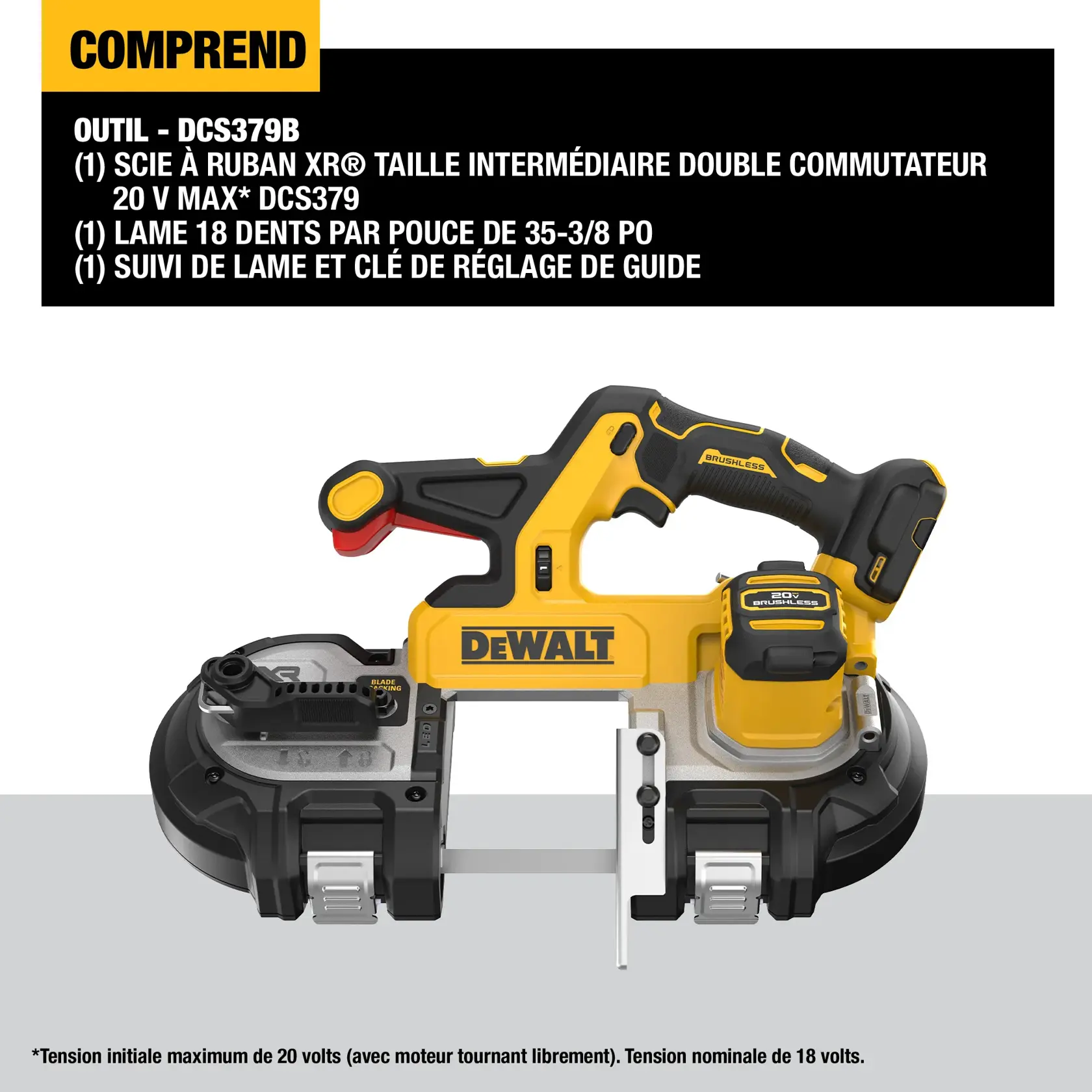 Image of a DEWALT DCS379B 20V MAX XR mid-size dual trigger bandsaw. The tool is shown with features including an 18 TPI 35-3/8 inch bandsaw blade, and a blade tracking and fence adjusting wrench. Package contents are highlighted above the tool.