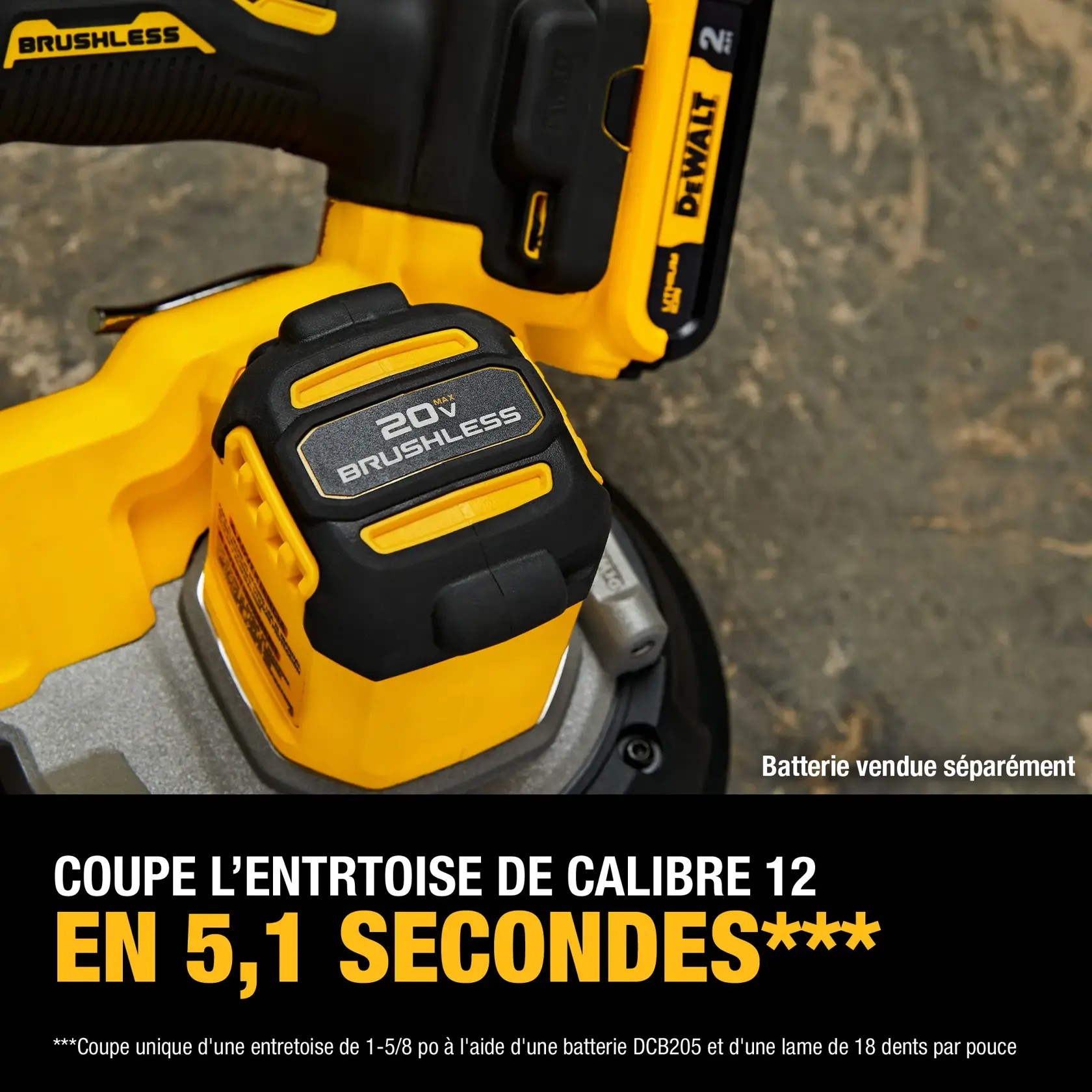 Close-up image of a DEWALT 20V brushless power tool, showing its battery and part of its handle. Text on the image highlights its ability to cut 12 gauge strut in as fast as 5.1 seconds. Battery is sold separately.