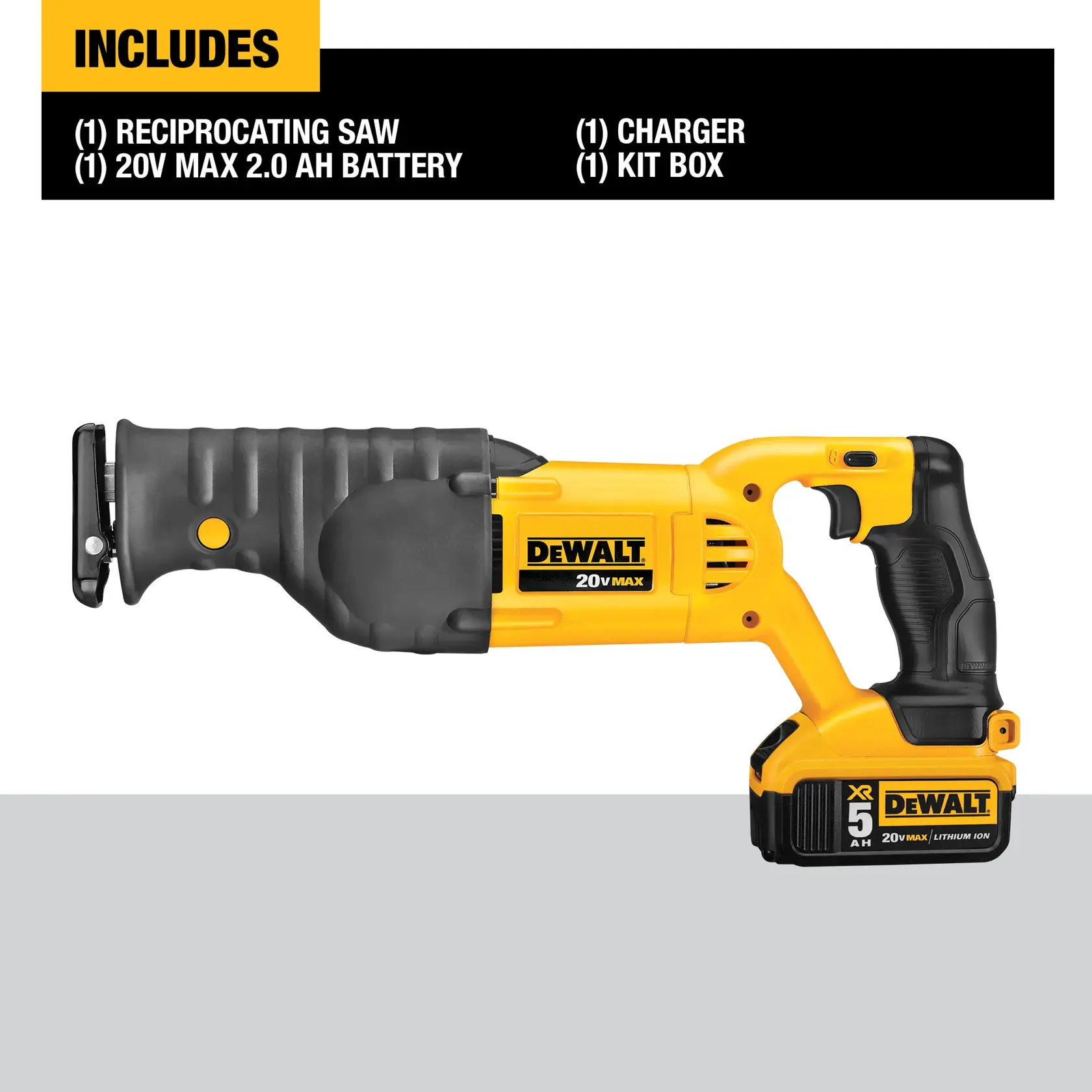 DEWALT 20V Max reciprocating saw with battery, charger, and kit box included.
