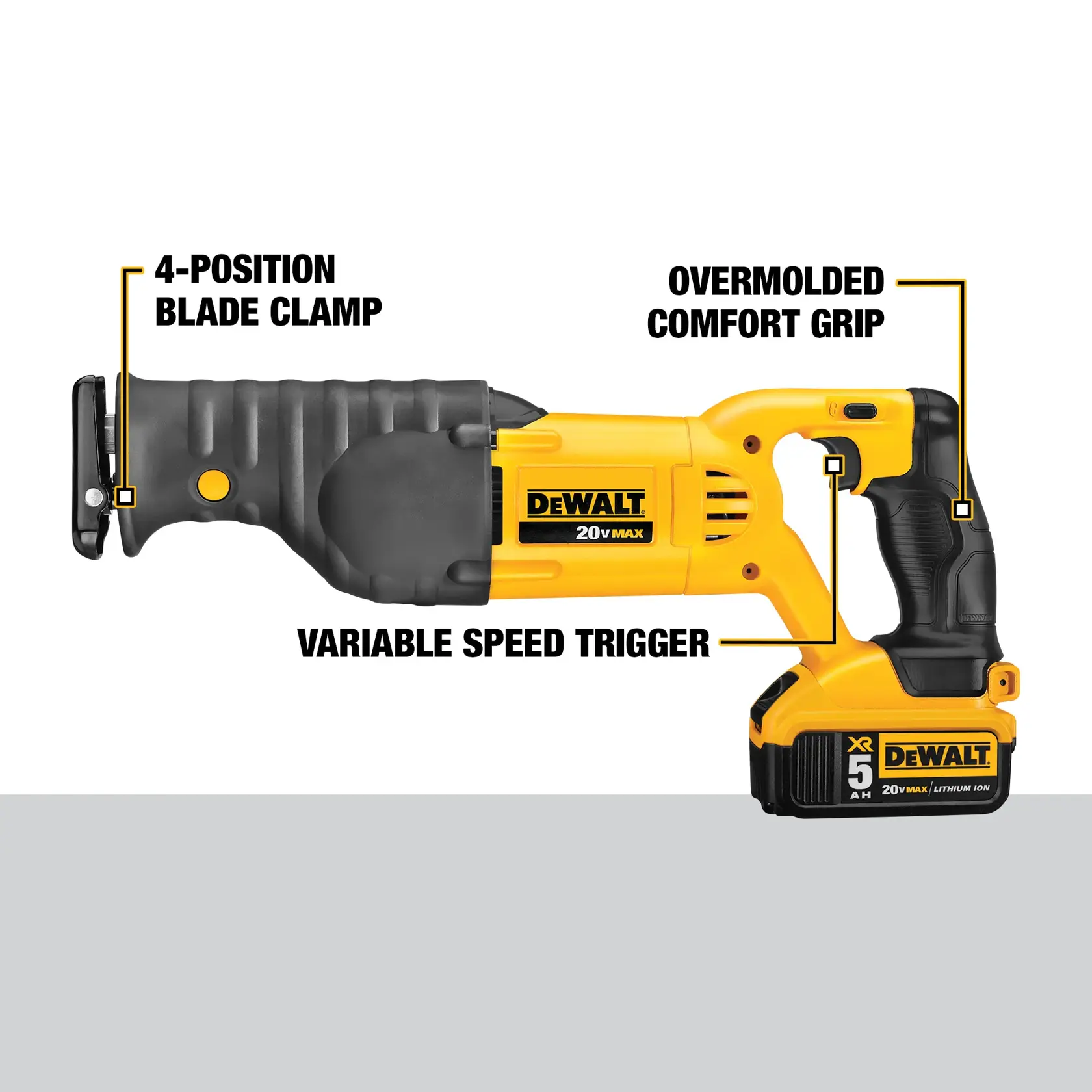 DEWALT cordless reciprocating saw with 4-position blade clamp, comfort grip, and variable speed trigger.