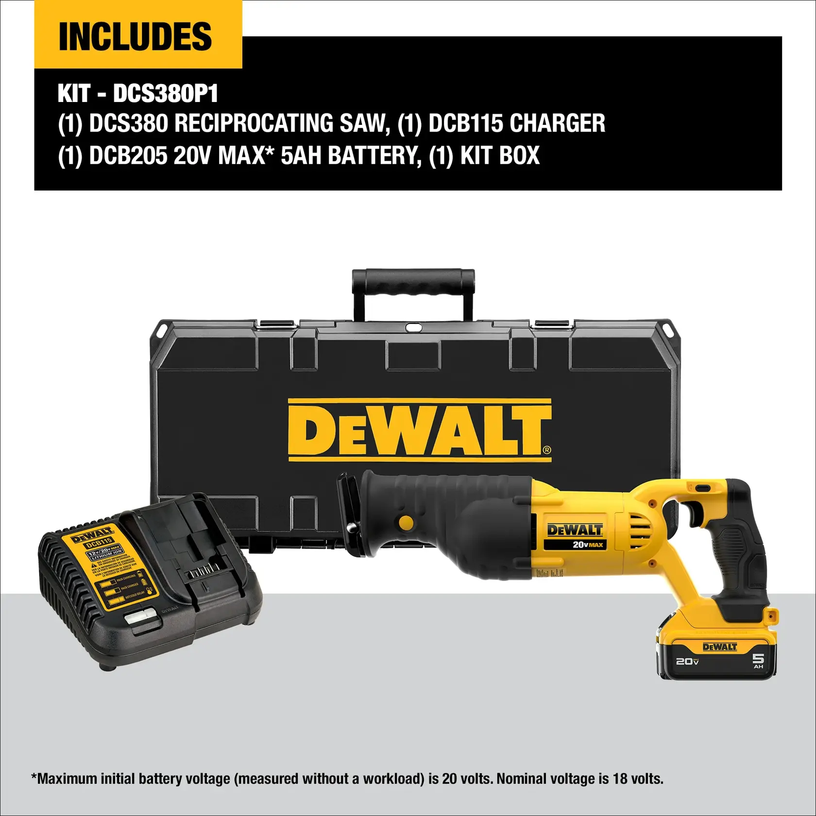 DEWALT DCS380P1 kit with reciprocating saw, charger, 20V max battery, and storage box displayed.