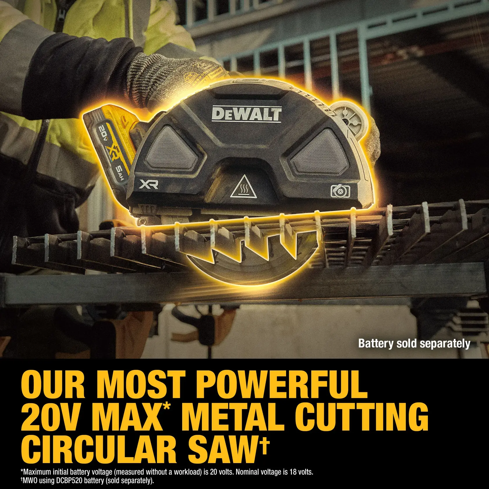 DEWALT 20V Max metal cutting circular saw shown in use, battery sold separately, with bold product claim text.