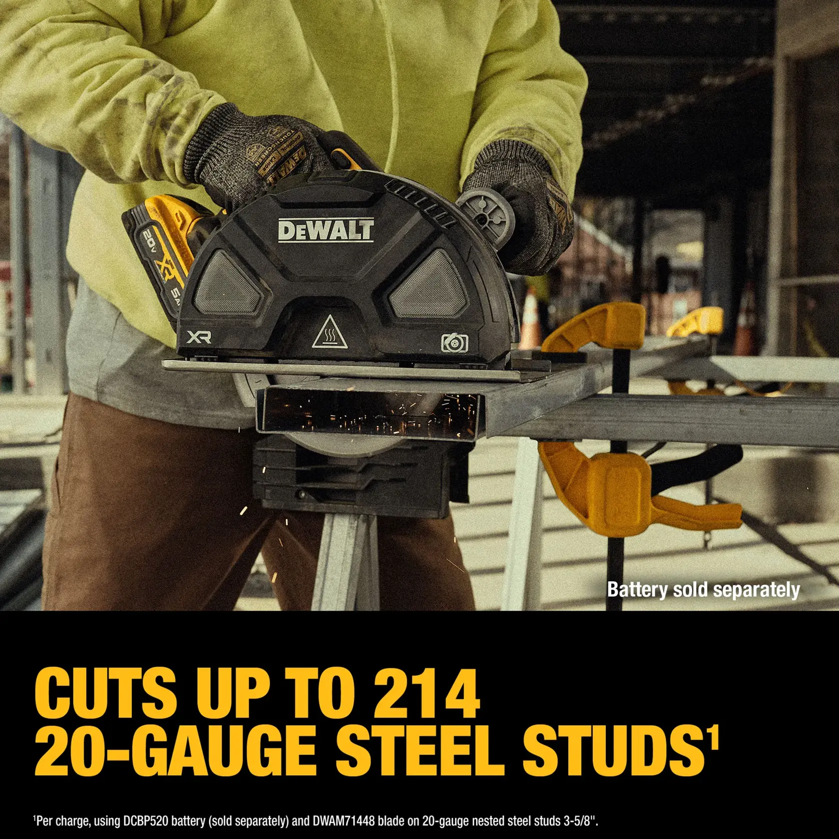 DEWALT cordless saw cutting steel studs; text highlights up to 214 cuts of 20-gauge steel studs per charge.