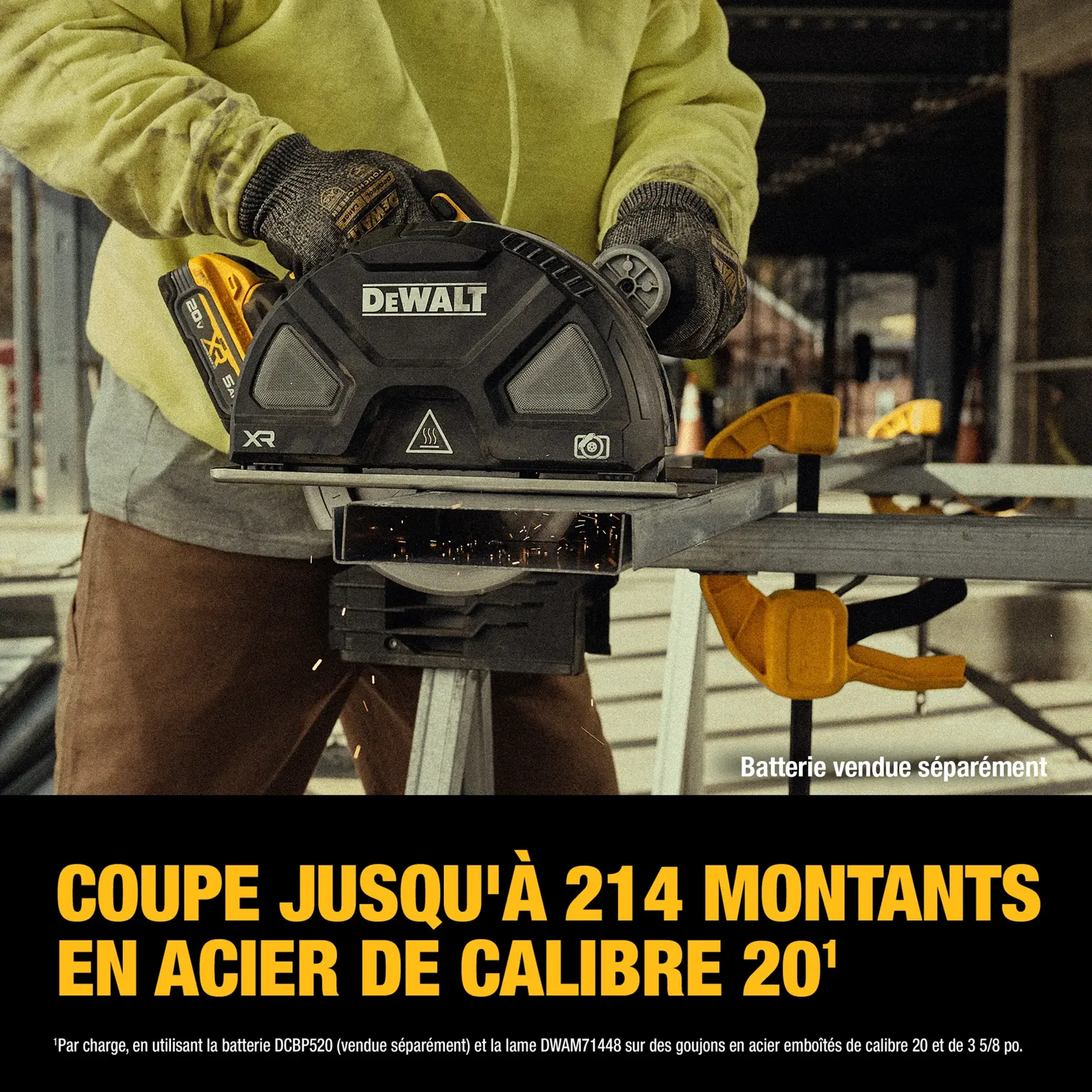 DEWALT cordless saw cutting steel studs; text highlights up to 214 cuts of 20-gauge steel studs per charge.