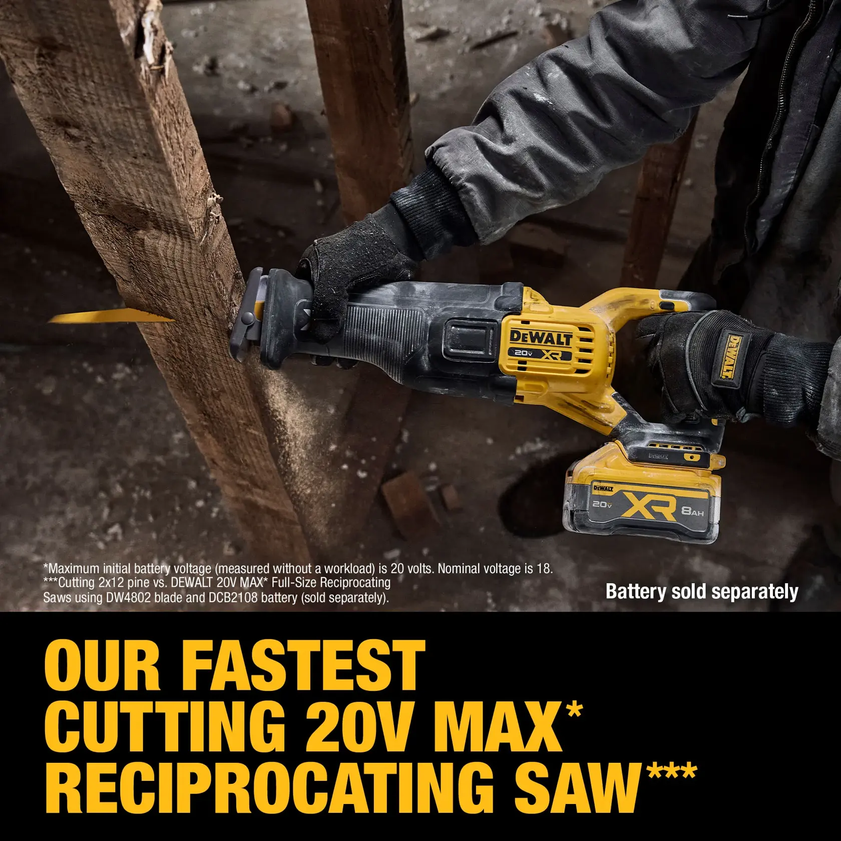 A person wearing gloves is using a DEWALT 20V XR reciprocating saw to cut a wooden beam. The saw has a yellow and black design, and the battery is labeled as sold separately. The text highlights the saw as DEWALT's fastest cutting 20V MAX reciprocating saw.