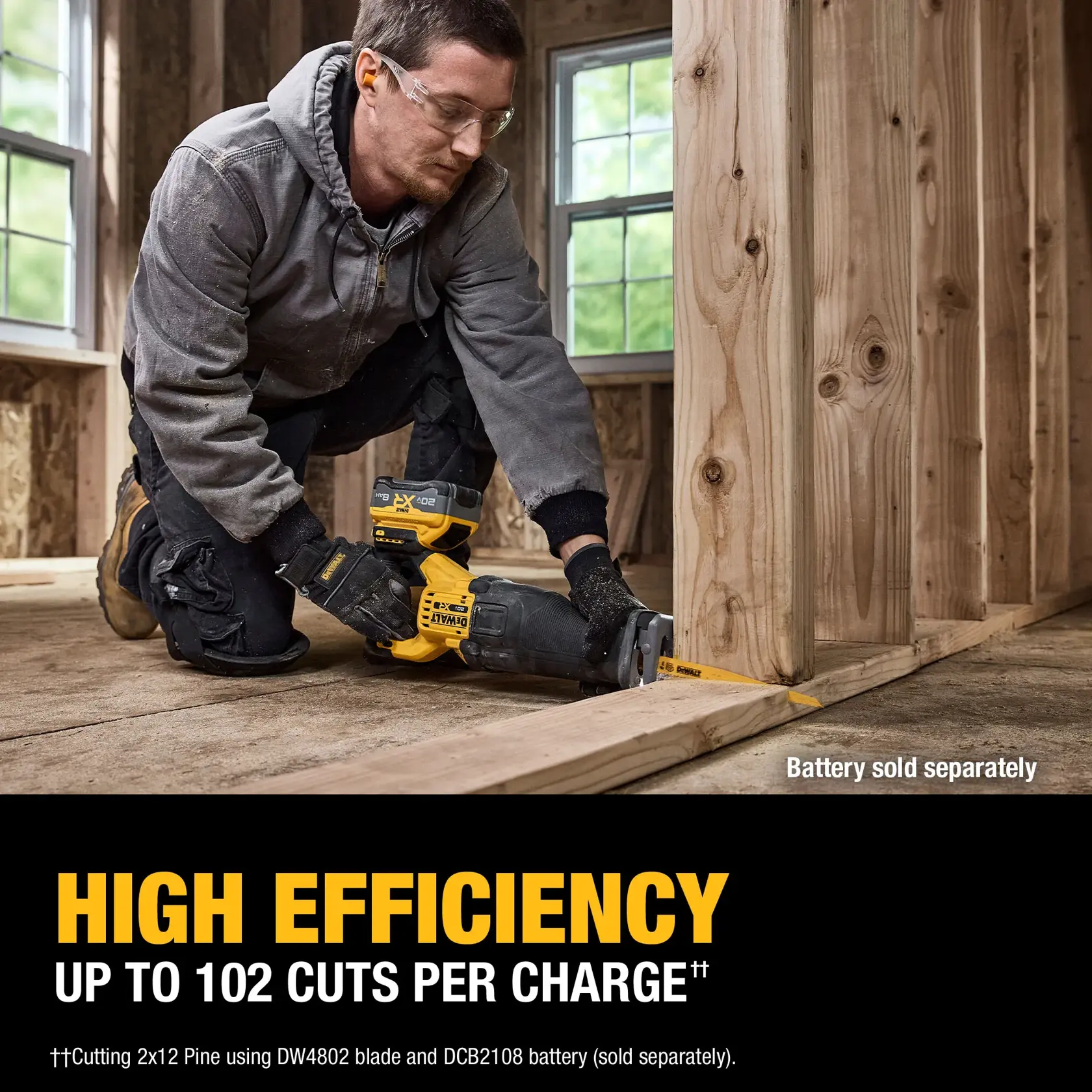 A person kneeling on a wooden floor is using a DEWALT cordless reciprocating saw (model DCS384B) to cut a wooden board inside a partially finished room. The saw is promoted as having high efficiency, capable of up to 102 cuts per charge. Battery is sold separately, as noted in the image.