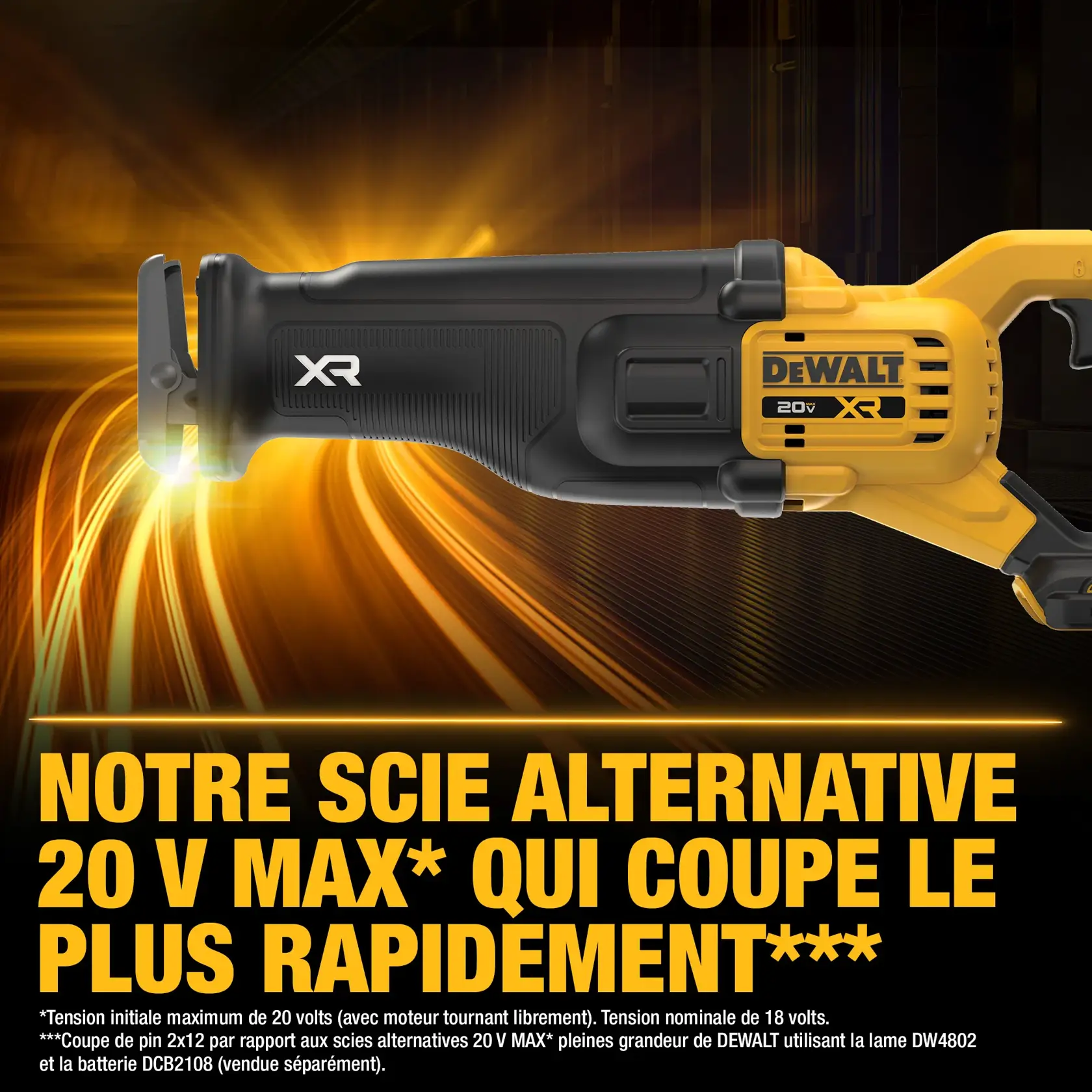 A DEWALT battery and charger are shown inside a large yellow circle with a diagonal line across them, indicating they are not included. Text below reads: 'Battery and charger sold separately.'