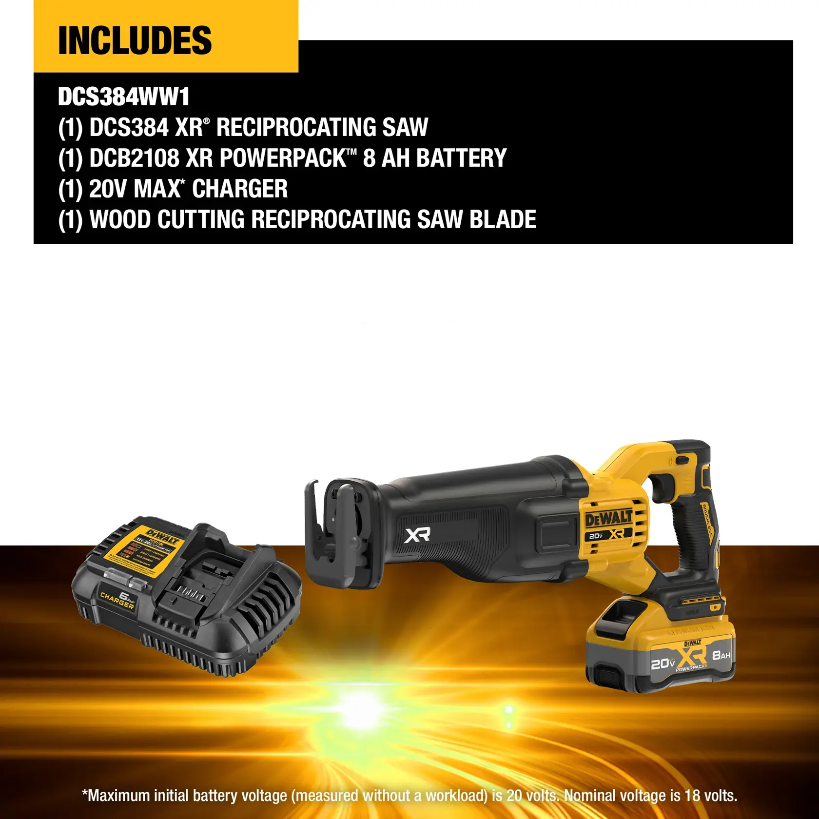 Product image showing a DEWALT DCS384WW1 kit, which includes a DCS384 XR reciprocating saw, a DCB2108 XR PowerPack 8 AH battery, a 20V MAX charger, and a wood cutting reciprocating saw blade. The items are displayed with text listing the components against a black and yellow background.