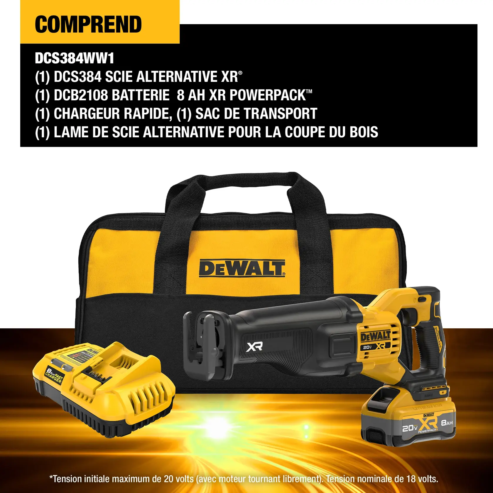 Product image showing a DEWALT DCS384WW1 kit, which includes a DCS384 XR reciprocating saw, a DCB2108 XR PowerPack 8 AH battery, a 20V MAX charger, and a wood cutting reciprocating saw blade. The items are displayed with text listing the components against a black and yellow background.