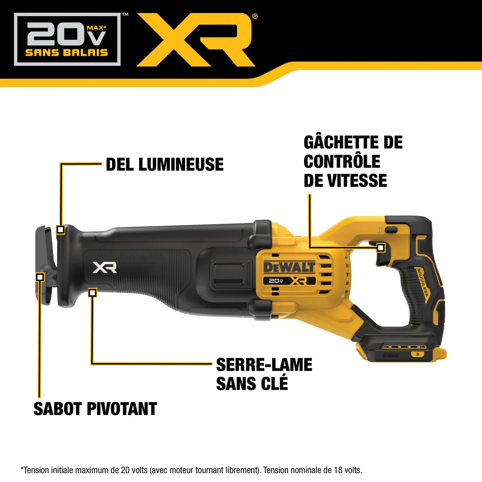 Image of a DEWALT DCS384WW1 kit that includes a yellow and black 20V XR reciprocating saw, an XR 8Ah battery, a 20V MAX charger, and a wood cutting reciprocating saw blade. The items are listed in a black box above, and the saw and charger are shown below. The saw has a DEWALT logo and battery attached. A note states the maximum initial battery voltage is 20 volts, nominal is 18 volts.