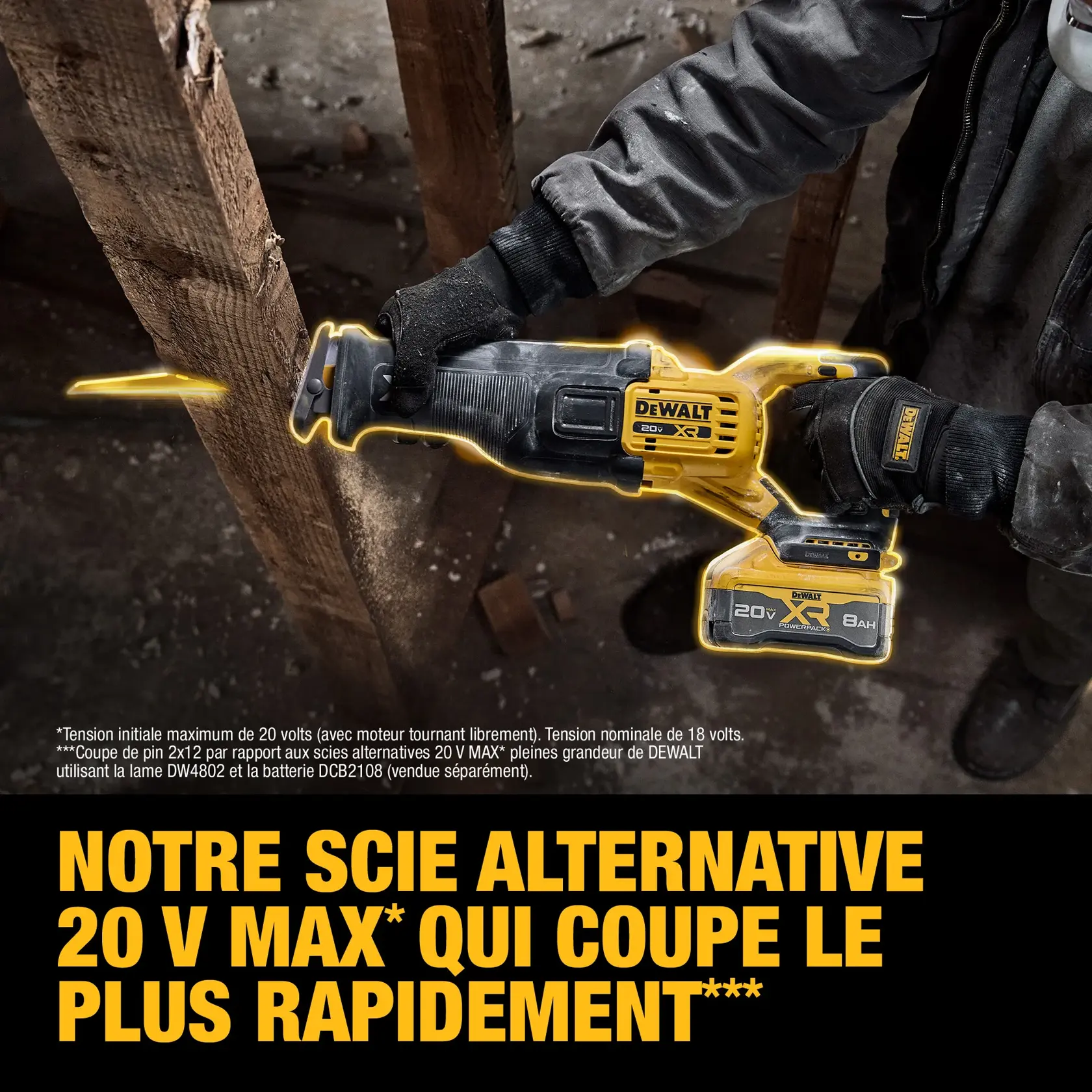 Graphic showing a DEWALT cordless reciprocating saw and two DEWALT batteries. The image compares the standard 20V MAX battery (gray) with the XR 20V MAX battery (yellow), highlighting the XR battery as providing more power. The saw is positioned above the batteries, and the background features bold text stating 'MORE POWER' and 'XR.'