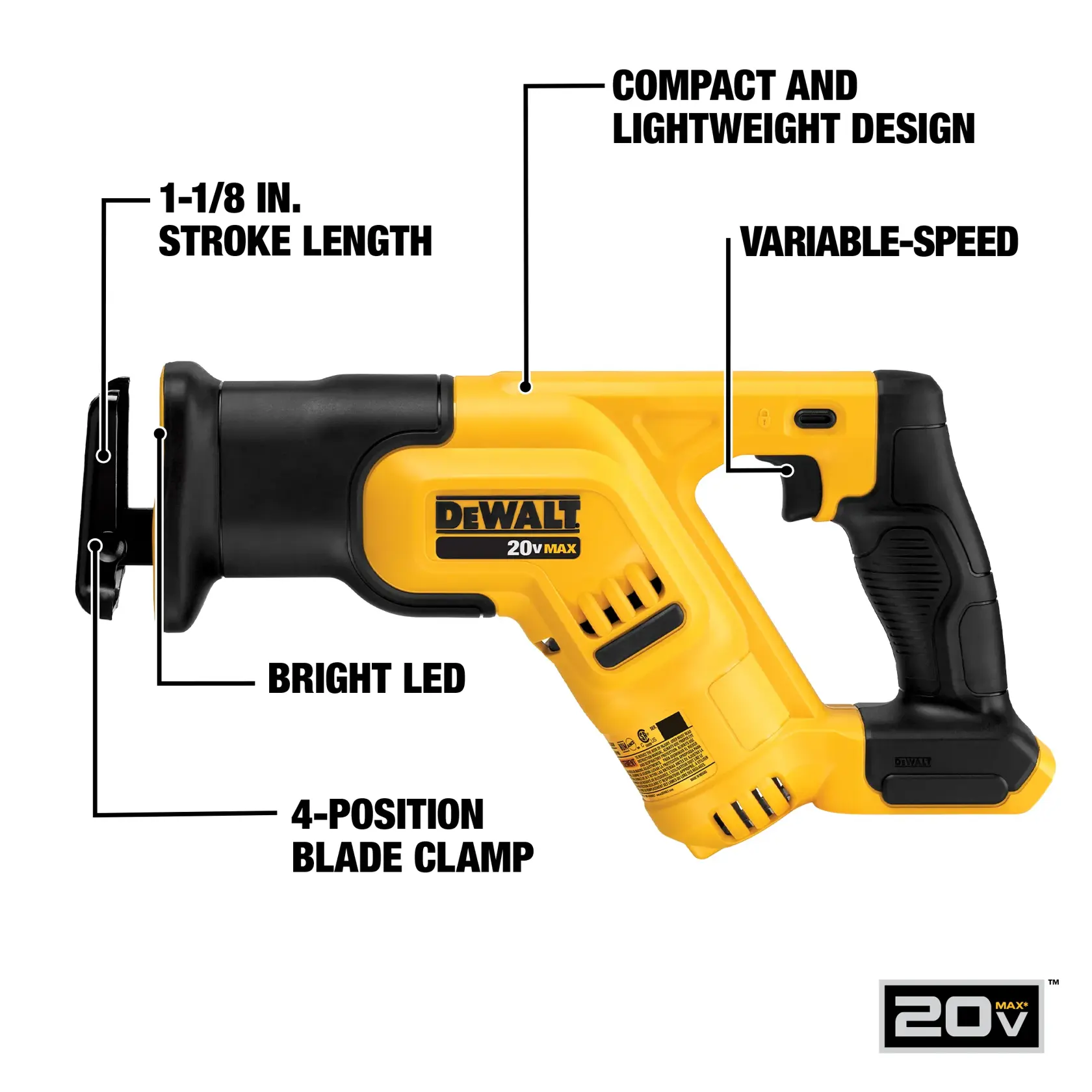 DEWALT DCS387B 20V reciprocating saw with compact design, LED, 4-position blade clamp, variable speed, 1-1/8 in. stroke.