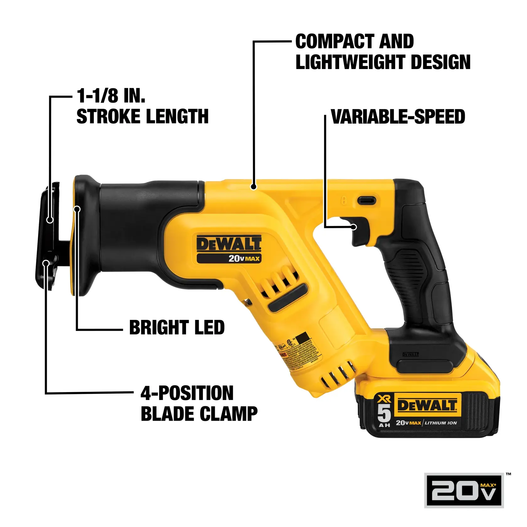 DEWALT cordless reciprocating saw, 20V, compact, variable-speed, LED, 4-position blade clamp, 1-1/8 in. stroke.
