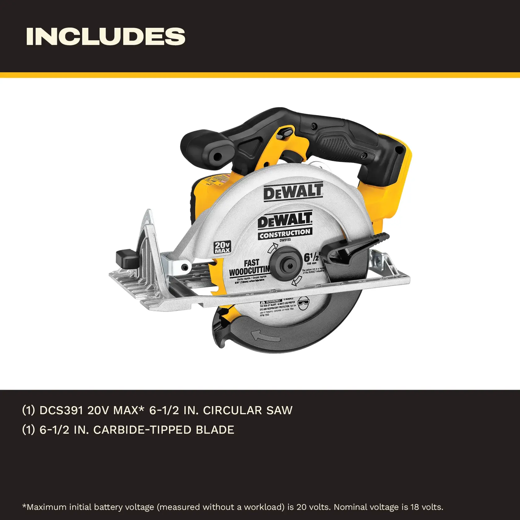 Close-up of a DEWALT 20V Max cordless circular saw with a 6-1/2 inch carbide-tipped blade, being adjusted by a hand. The bottom text states 'TOOL ONLY' and highlights the blade features.