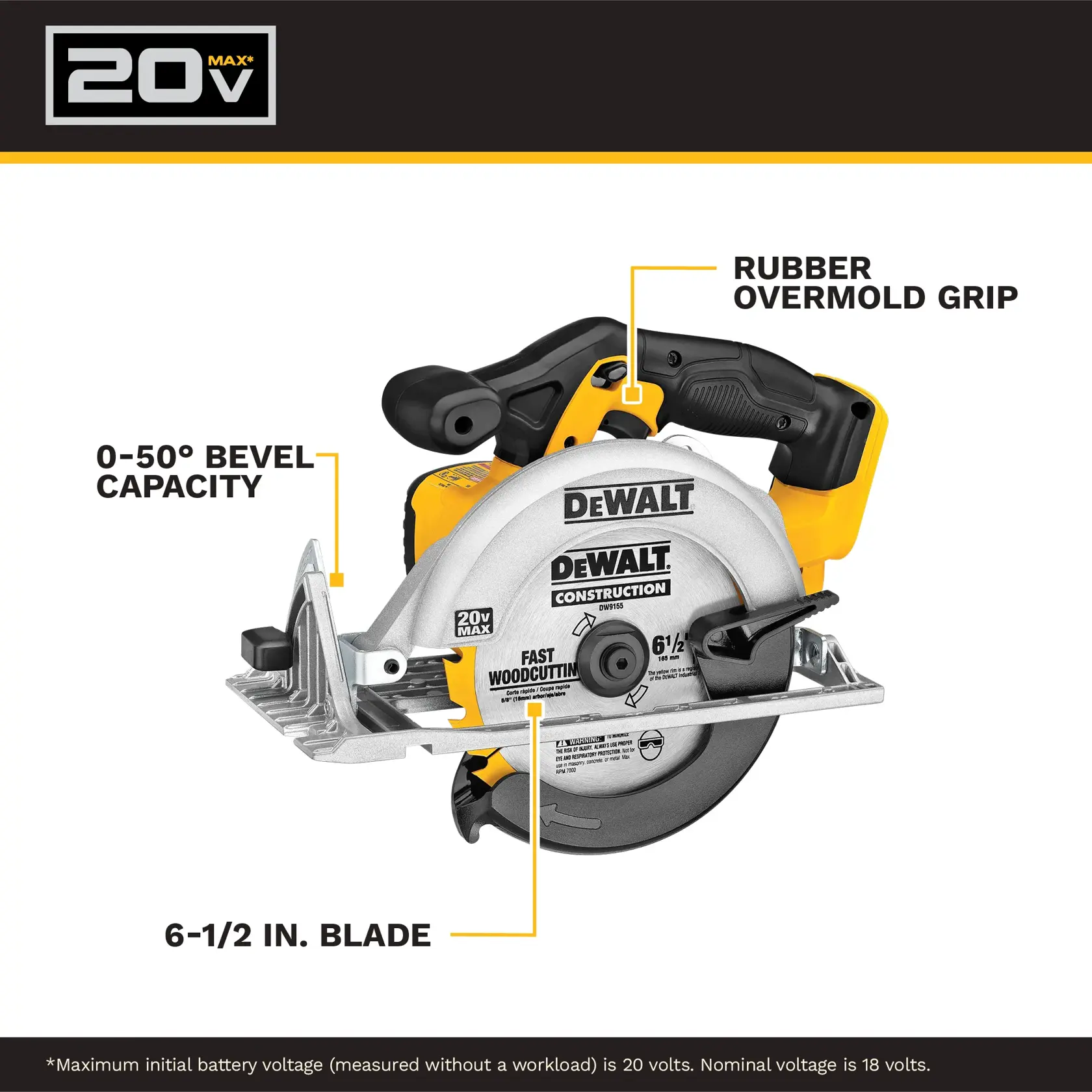 A DEWALT cordless circular saw with a black and yellow handle, shown prominently on a white background above bold text stating 'Powerful Cuts with 5,150 RPM Motor.'