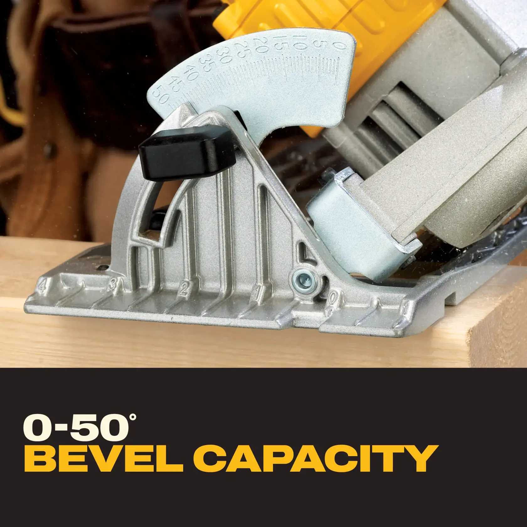 A DEWALT cordless circular saw with a yellow and black design is shown. The saw features a 6-1/2 inch blade and ergonomic overmolded grips. Text at the bottom reads, 'Superior comfort with overmolded grips.'