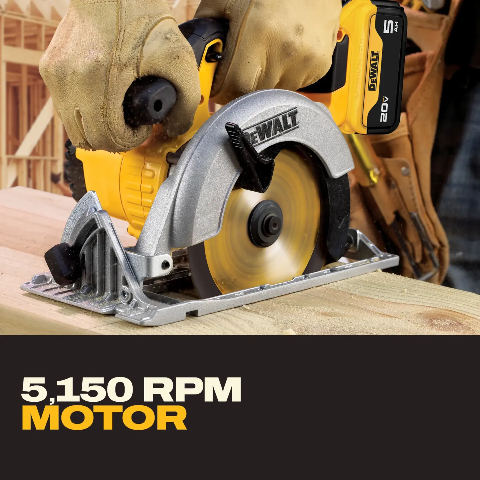 DEWALT cordless circular saw cutting wood, showing 5,150 RPM motor feature in bold text below.