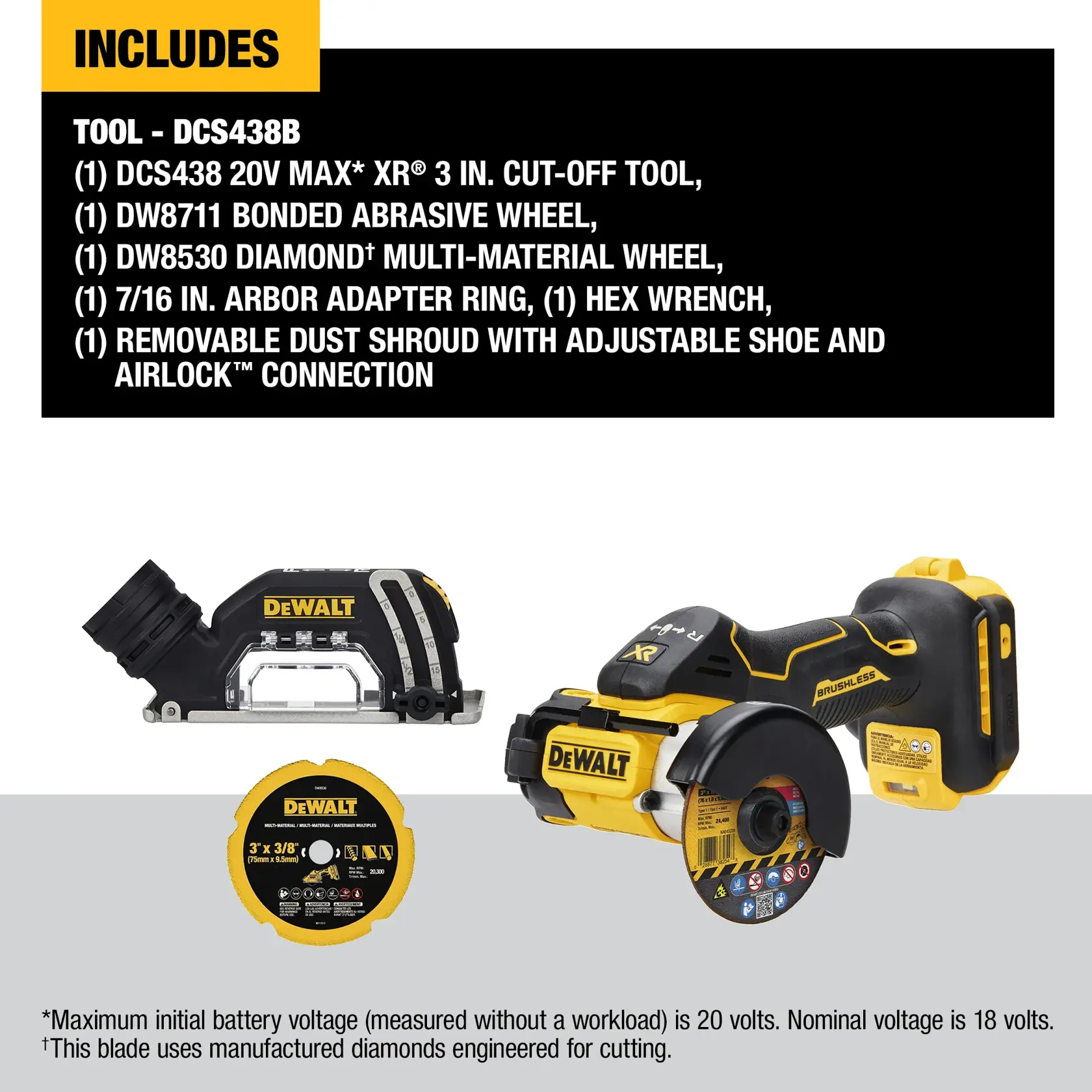 DEWALT DCS438B 20V MAX XR brushless cordless 3-inch cut-off tool kit, including the cut-off tool, removable dust shroud with adjustable shoe and AirLock connection, DW8711 bonded abrasive wheel, DW8530 diamond multi-material wheel, DW47350 diamond tile wheel, 7/16-inch arbor adapter ring, and hex wrench. Parts are displayed on a white and gray background with product description above.