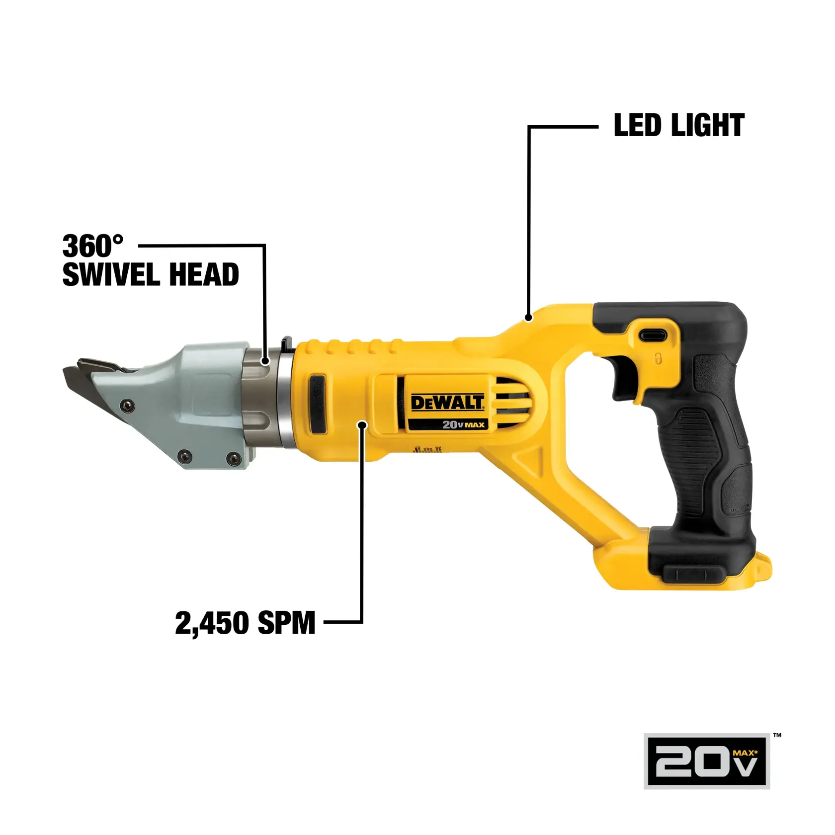 DEWALT 20V Max cordless power tool, model DCS494B, featuring a yellow and black design. The tool has a 360-degree swivel head, an LED light near the handle, and operates at 2,450 SPM (strokes per minute).
