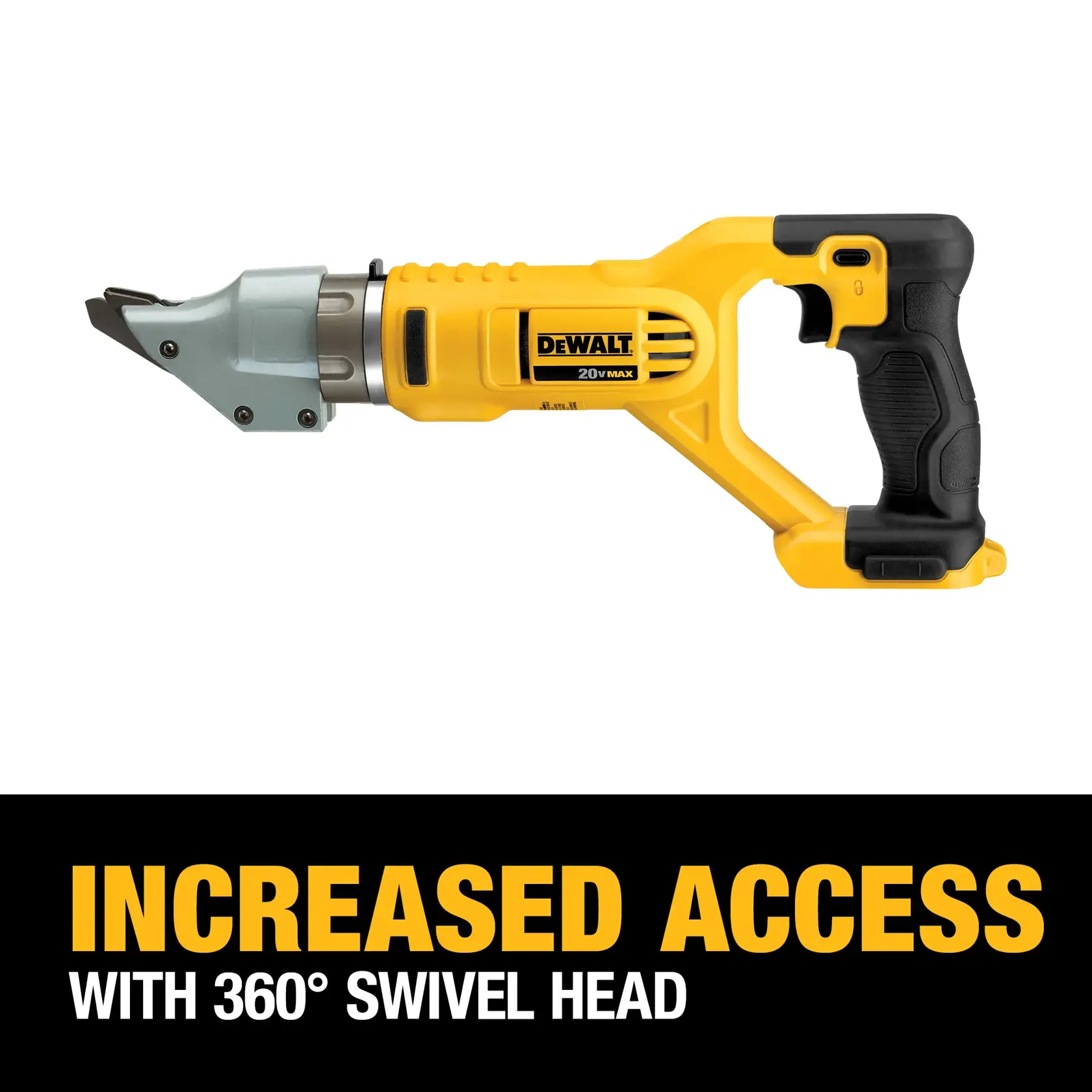 Yellow and black DEWALT cordless tool with a 360-degree swivel head feature, shown above a label stating 'INCREASED ACCESS WITH 360° SWIVEL HEAD'.