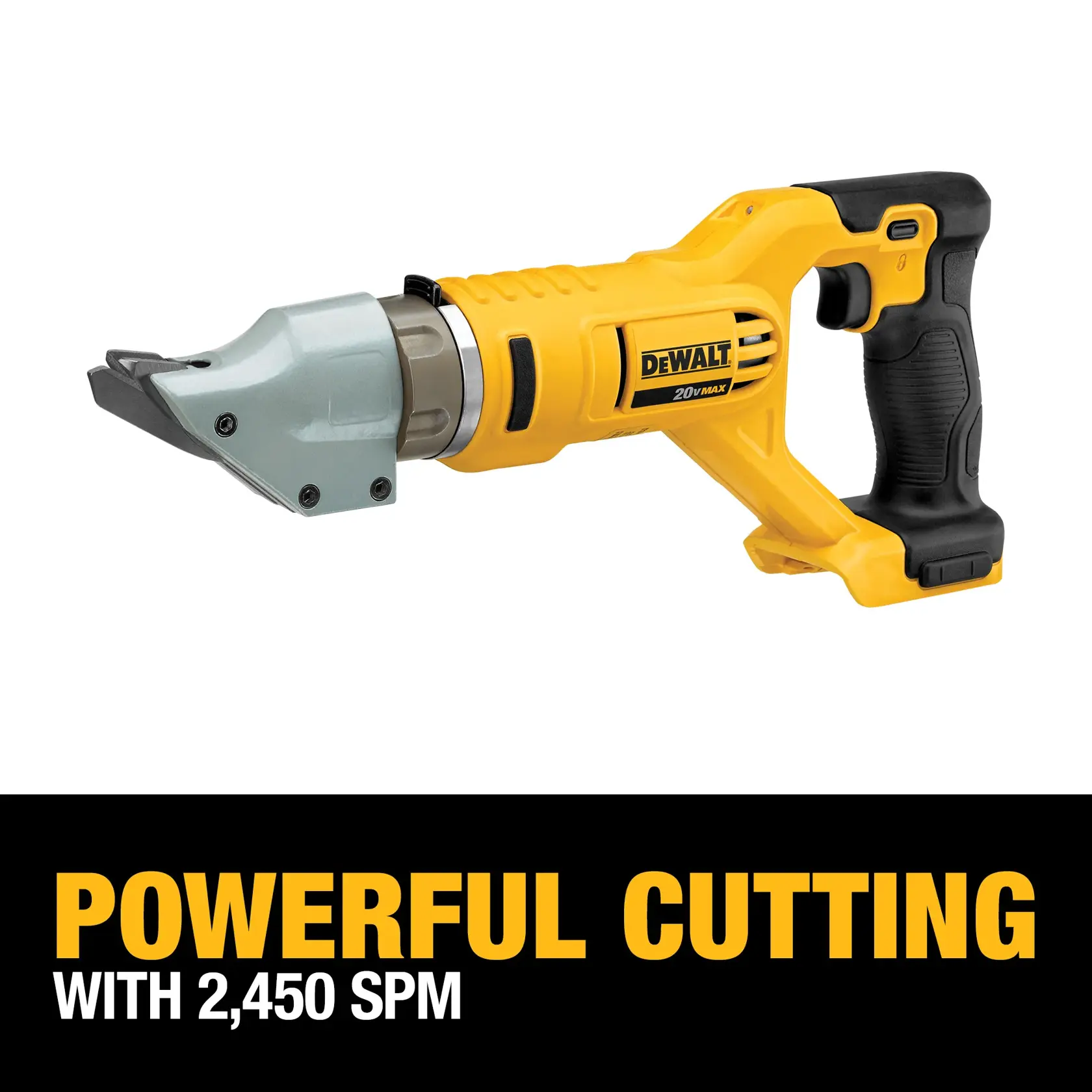 A yellow and black DEWALT cordless metal shear tool, model DCS494B, featuring a comfortable grip and labeled as 20V MAX, with an advertisement below stating 'Powerful Cutting with 2,450 SPM.'