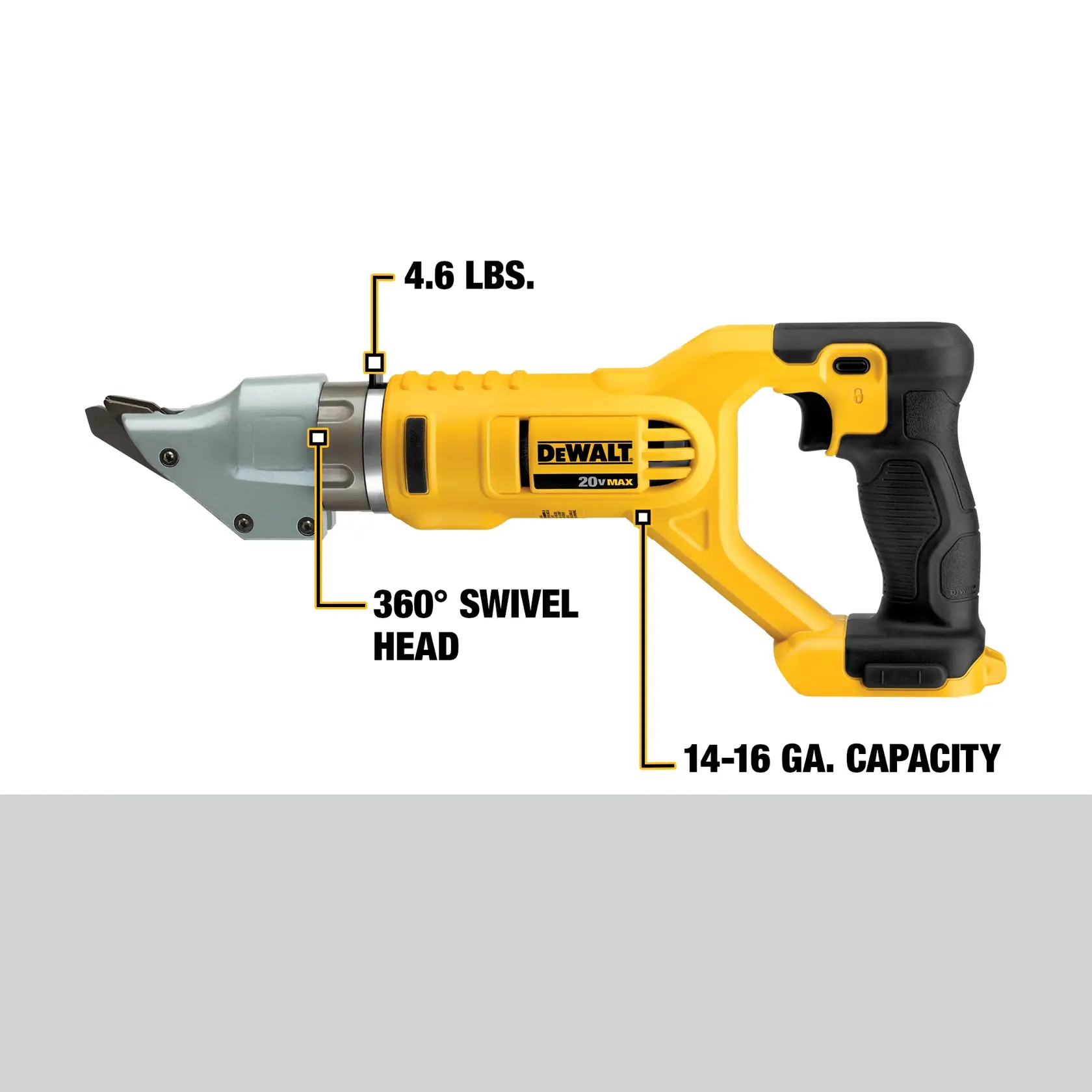 DEWALT cordless tool, model DCS494B, shown with labeled features: 4.6 lbs weight, 360-degree swivel head, and a 14-16 gauge capacity. The tool has a yellow and black design.