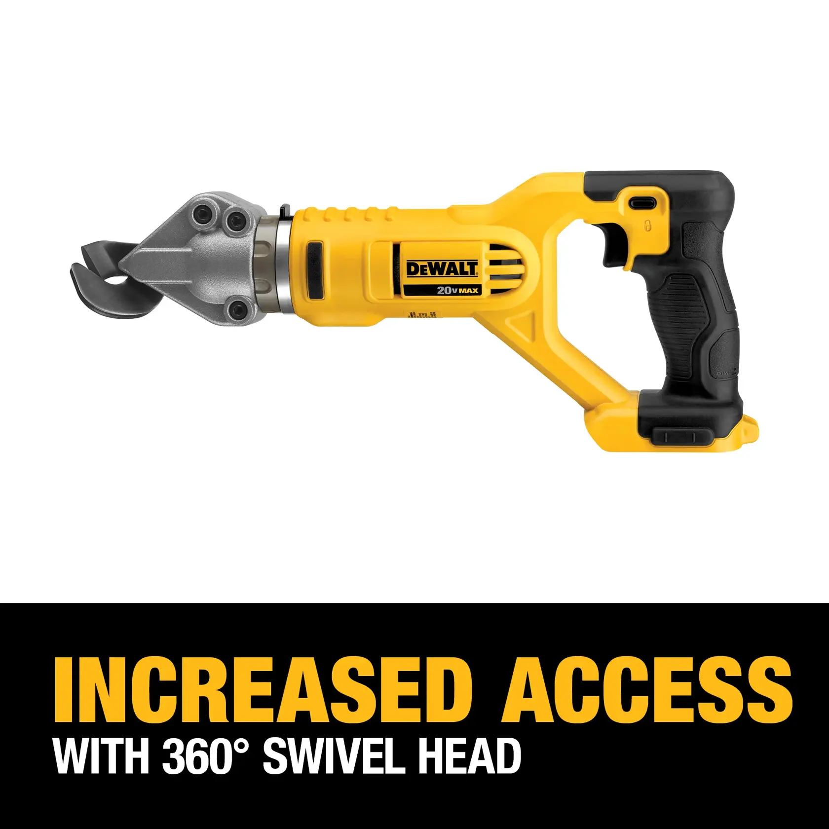 A DEWALT 20V MAX cordless power shear with a 360-degree swivel head, designed to provide increased access for cutting tasks. The tool is yellow and black, with ergonomic grip, and is shown on a white background. Text below highlights the increased access feature with 360° swivel head.