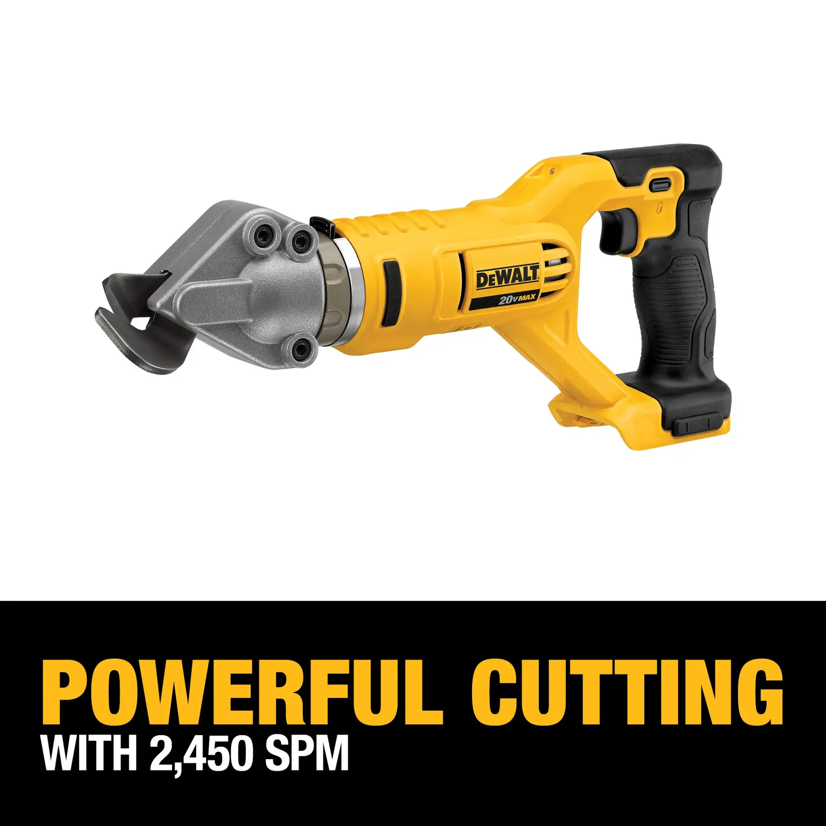 A DEWALT 20V MAX cordless metal shear tool with a black and yellow design is shown. Text below the tool reads: 'Powerful cutting with 2,450 SPM.'