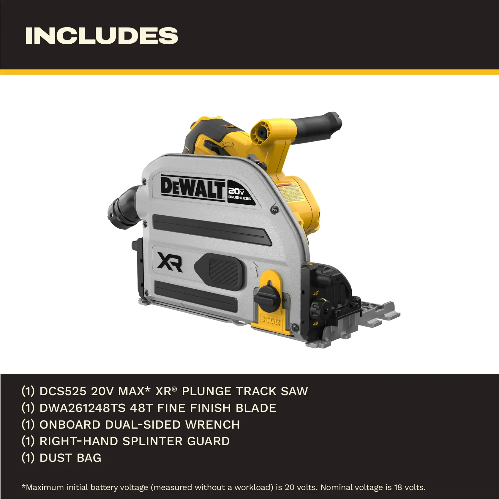 Image du produit montrant la scie à onglet DEWALT 20V MAX XR sans balais (SKU : DCS525B) avec des caractéristiques indiquées. Les points forts incluent le frein anti-rebond Perform Protect, la clé intégrée pour changer les lames et connecter les rails, le réglage facile de la profondeur de coupe, l’arrêt de coupe de traçage pour des coupes plus propres et sans éclats, et la capture de poussière jusqu'à 94 % avec contrôle d’outil sans fil. La scie a un corps gris et jaune avec les logos DEWALT et XR visibles.