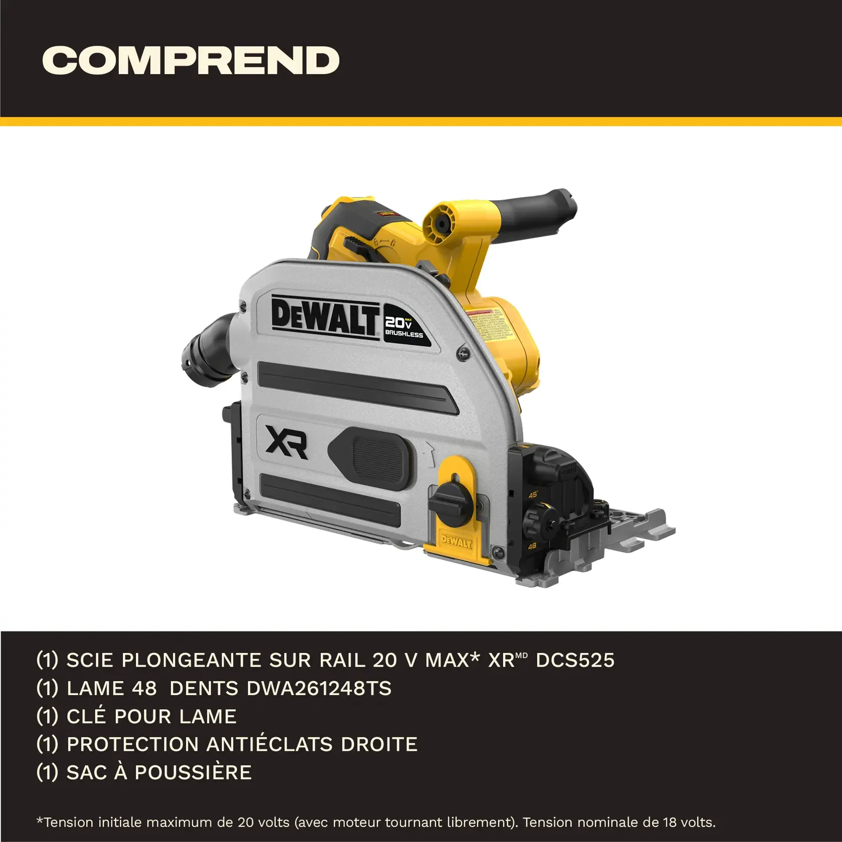 Image du produit montrant la scie à onglet DEWALT 20V MAX XR sans balais (SKU : DCS525B) avec des caractéristiques indiquées. Les points forts incluent le frein anti-rebond Perform Protect, la clé intégrée pour changer les lames et connecter les rails, le réglage facile de la profondeur de coupe, l’arrêt de coupe de traçage pour des coupes plus propres et sans éclats, et la capture de poussière jusqu'à 94 % avec contrôle d’outil sans fil. La scie a un corps gris et jaune avec les logos DEWALT et XR visibles.