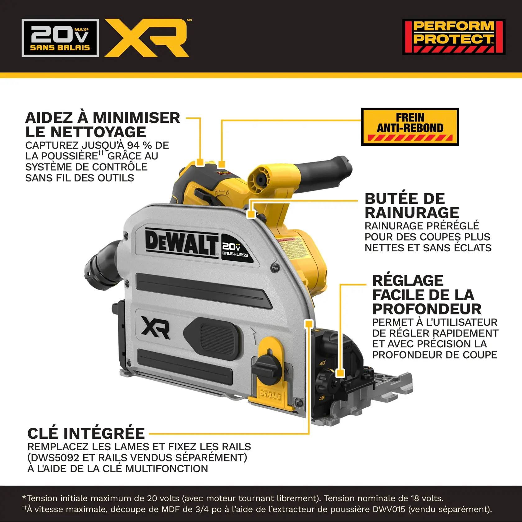 Une personne utilise une scie à rail sans fil DEWALT 20V XR pour couper du bois sur un établi dans un atelier. La scie est connectée à un tuyau d'aspiration des poussières. Le texte promotionnel indique : « Offre plus de puissance avec un contrôle avancé par rapport au principal concurrent. » Il est également précisé que la batterie et les rails sont vendus séparément.