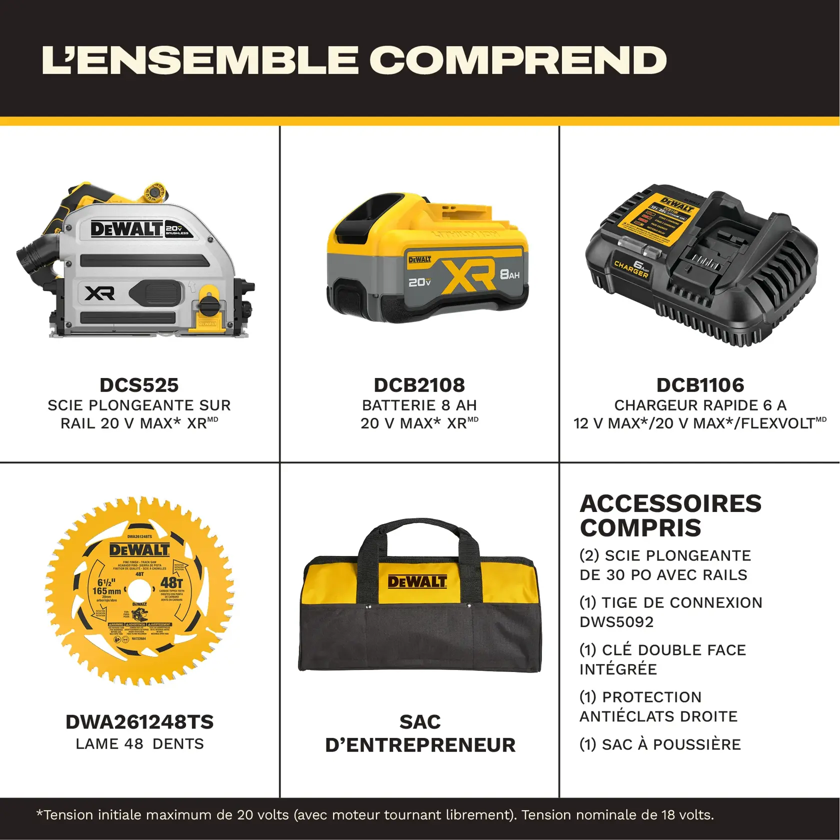 Une scie à plongeante sur rail DEWALT 20V sans balais est utilisée par une personne avec les deux mains. L'image met en avant la fonctionnalité Perform Protect Kickback Brake de la scie, conçue pour maximiser le contrôle et éteindre rapidement la scie lorsqu'un pincement, un blocage ou un coincement est détecté. Un texte en gras en bas explique ces caractéristiques de sécurité.