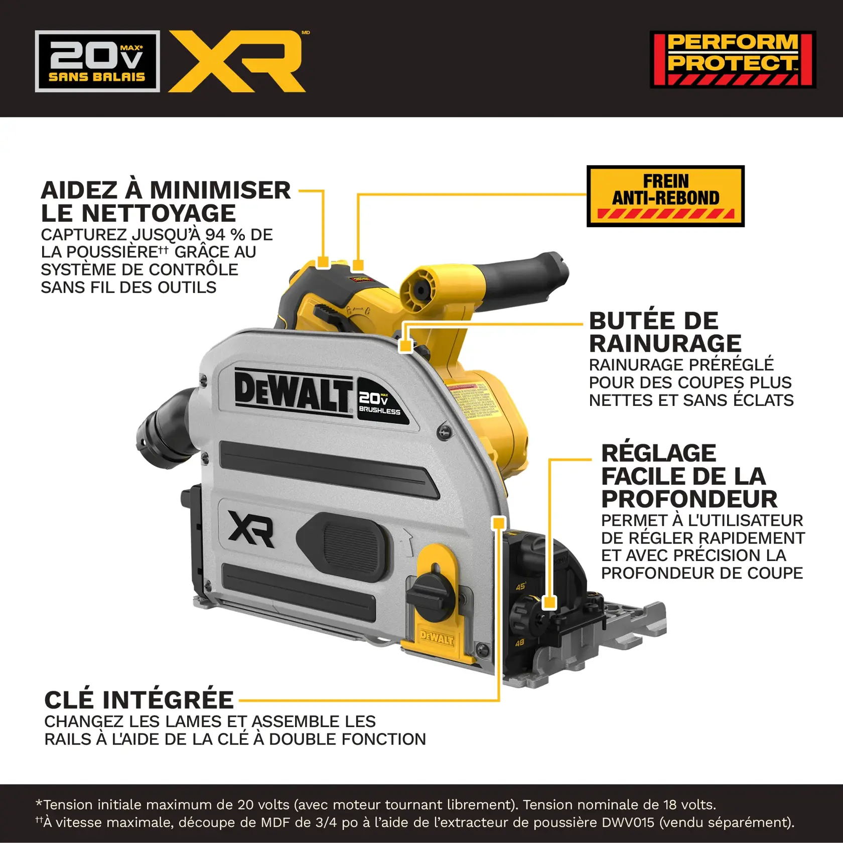 DEWALT DCS525ST, DCS525B, DCS525STWW1 scie XR en action, infos: puissance, précision, vitesse, contrôle poussière, lame.