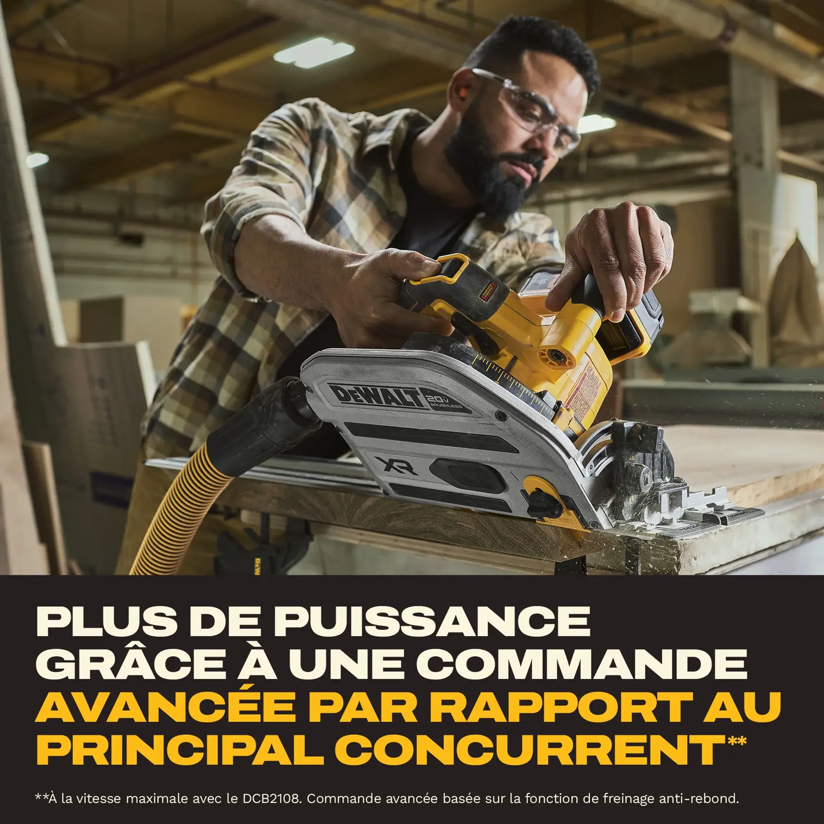 Product image showing the contents of a DEWALT kit. The kit includes a DCS525 20V MAX XR 6-1/2 inch plunge track saw, a DCB2108 20V MAX XR 8AH battery, a DCB1106 12V MAX/20V MAX/FLEXVOLT 6 amp fast charger, a DWA261248TS 48-tooth fine finish blade, and a DEWALT branded kit bag. Listed included accessories are two 30-inch plunge track saw tracks, one DWS5092 track connecting rod, one onboard dual-sided wrench, one right-hand splinter guard, and one dust bag.