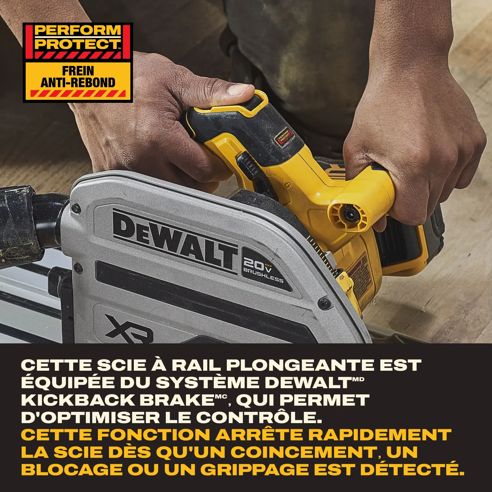Product graphic for the DEWALT 20V MAX XR Brushless track saw. Features highlighted include: the ability to help minimize clean-up by capturing up to 94% of dust with wireless tool control, a Kickback Brake for safety, a Scribe Cut Stop for cleaner, splinter-free cuts, easy depth set adjustment for fast and accurate depth changes, and an onboard wrench for changing blades and connecting tracks. The image showcases the saw with labeled features and DEWALT branding.