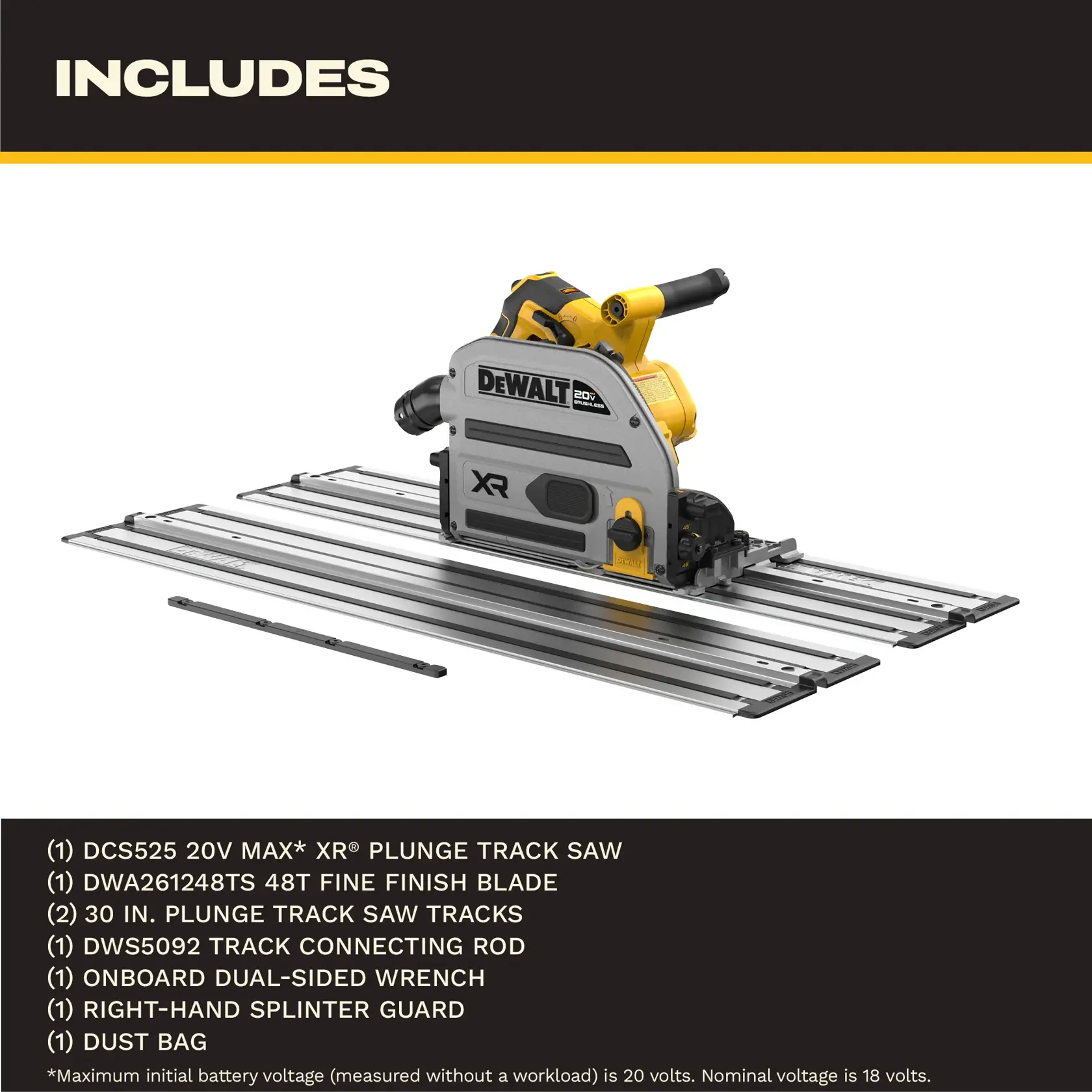 Ensemble scie plongeante sur rail DEWALT 20V MAX XR comprenant la scie, deux guides en métal, une tige de connexion, une clé double face, une protection anti-éclats à droite, une lame de finition fine et un sac à poussière, présenté sur fond blanc avec une liste des accessoires inclus en dessous.