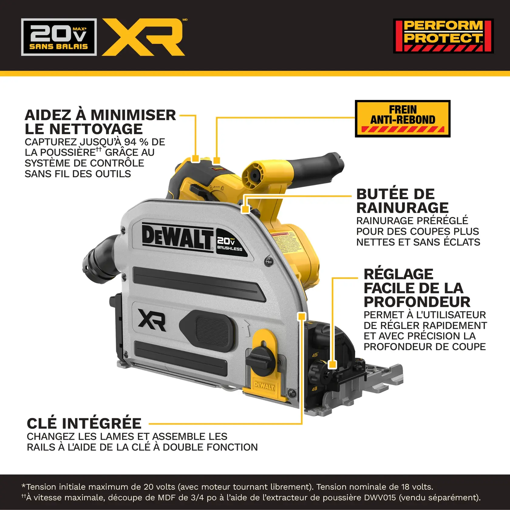 Image d'un produit scie à onglets sur rail DEWALT 20V MAX XR sans balais, mettant en avant plusieurs caractéristiques. Le texte indique les fonctions 'Perform Protect' et 'Kickback Brake' pour la sécurité, la clé embarquée, l'ajustement facile de la profondeur, l'arrêt de coupe pour des coupes plus propres, et une capture de poussière jusqu'à 94% avec un contrôle d'outil sans fil. La scie est grise et jaune avec la marque DEWALT.