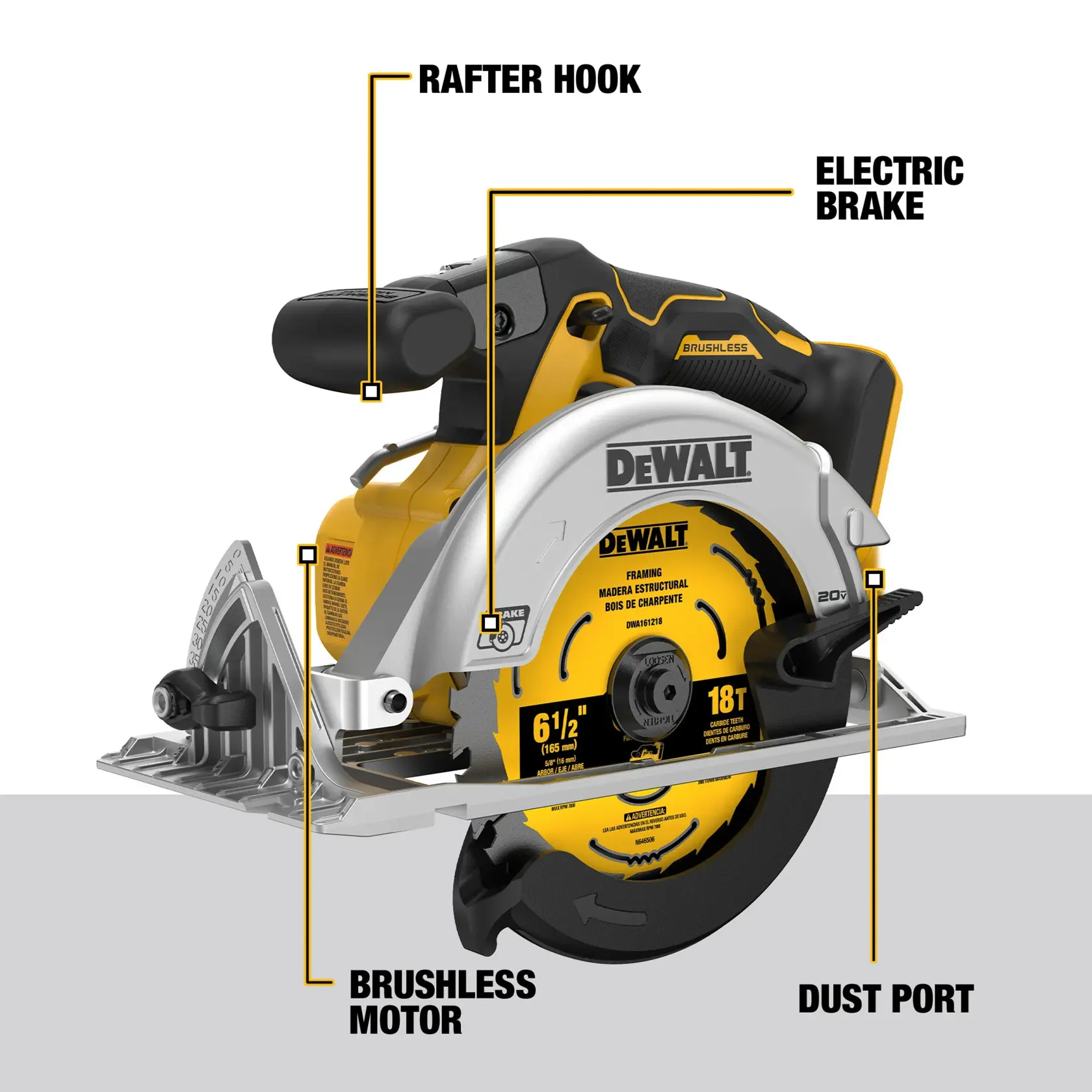 A DEWALT cordless circular saw model DCS565B is shown with labeled parts: rafter hook, electric brake, brushless motor, and dust port. The saw blade is visible, and the tool has a yellow and black color scheme.