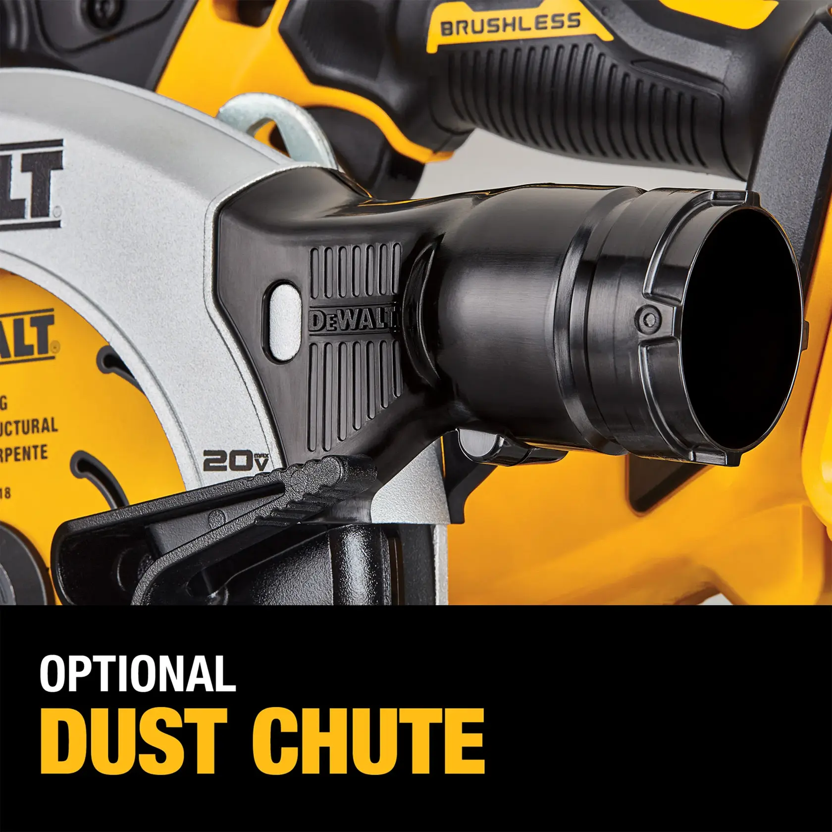 Close-up view of a DEWALT 20V brushless circular saw featuring an optional dust chute attachment. The image highlights the dust chute and includes text that reads 'OPTIONAL DUST CHUTE'.
