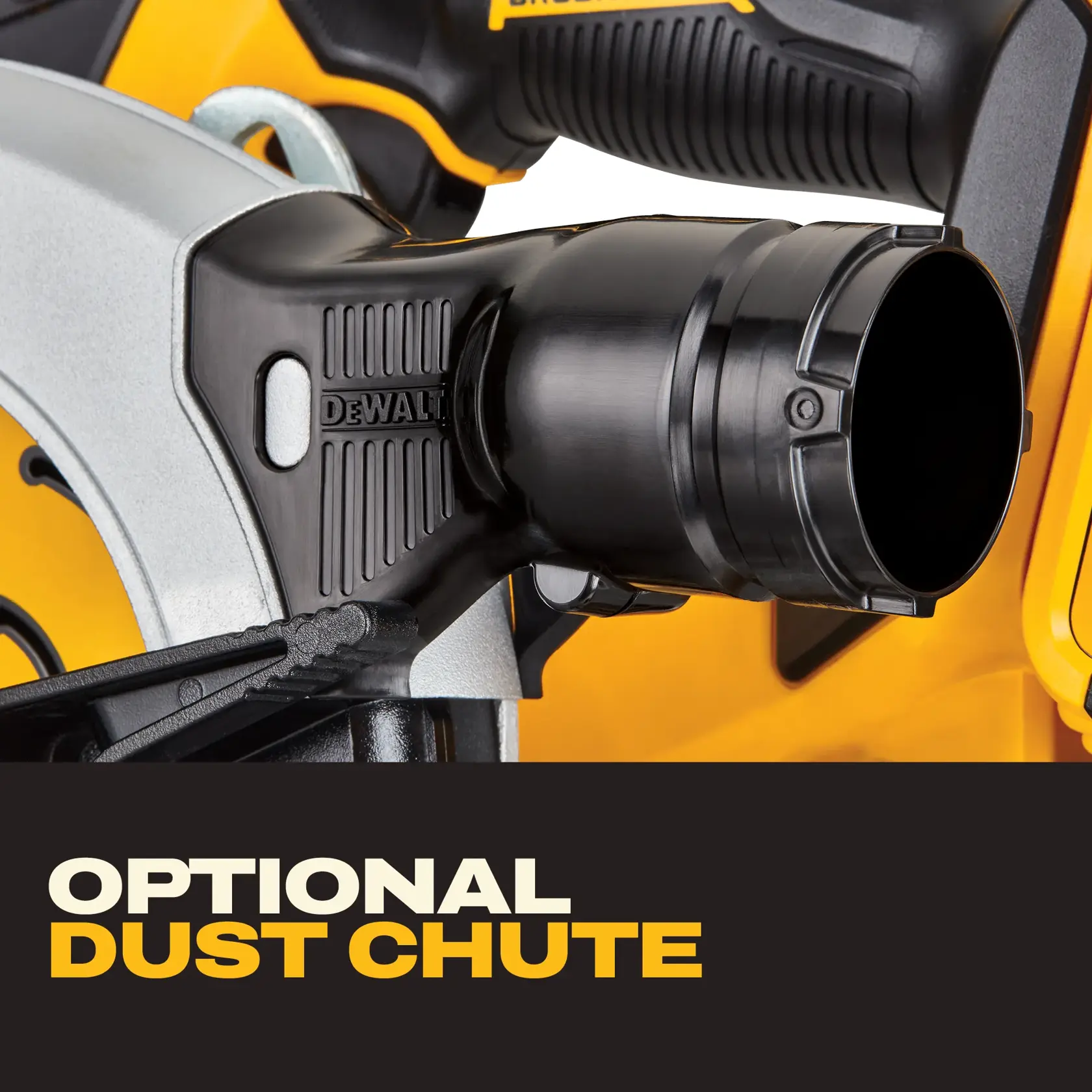 Close-up of DEWALT saw with optional dust chute attachment, text highlighting feature.
