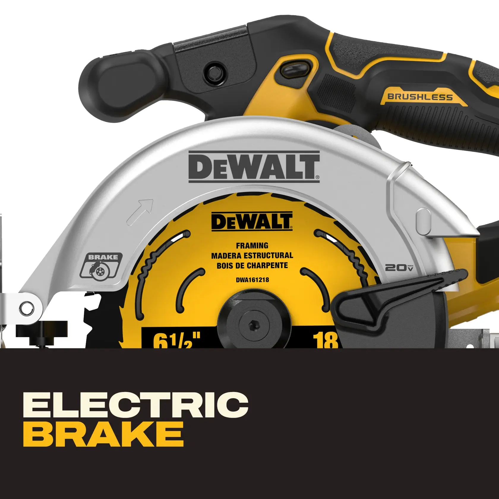 Close-up of DEWALT circular saw with electric brake feature highlighted and brushless motor label visible.